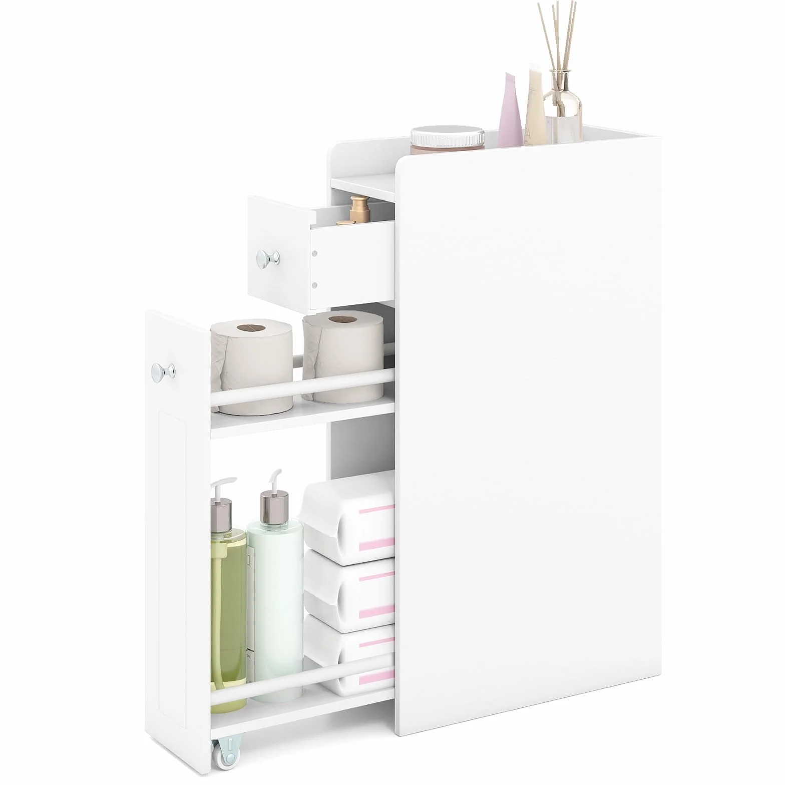LIFEZEAL Armario de Baño Pequeño con Cajón, Estantería Estrecha con Ruedas, Carrito Nicho para Lavandería, Salón y Baño, 40 x 18 x 70 cm (Blanco)