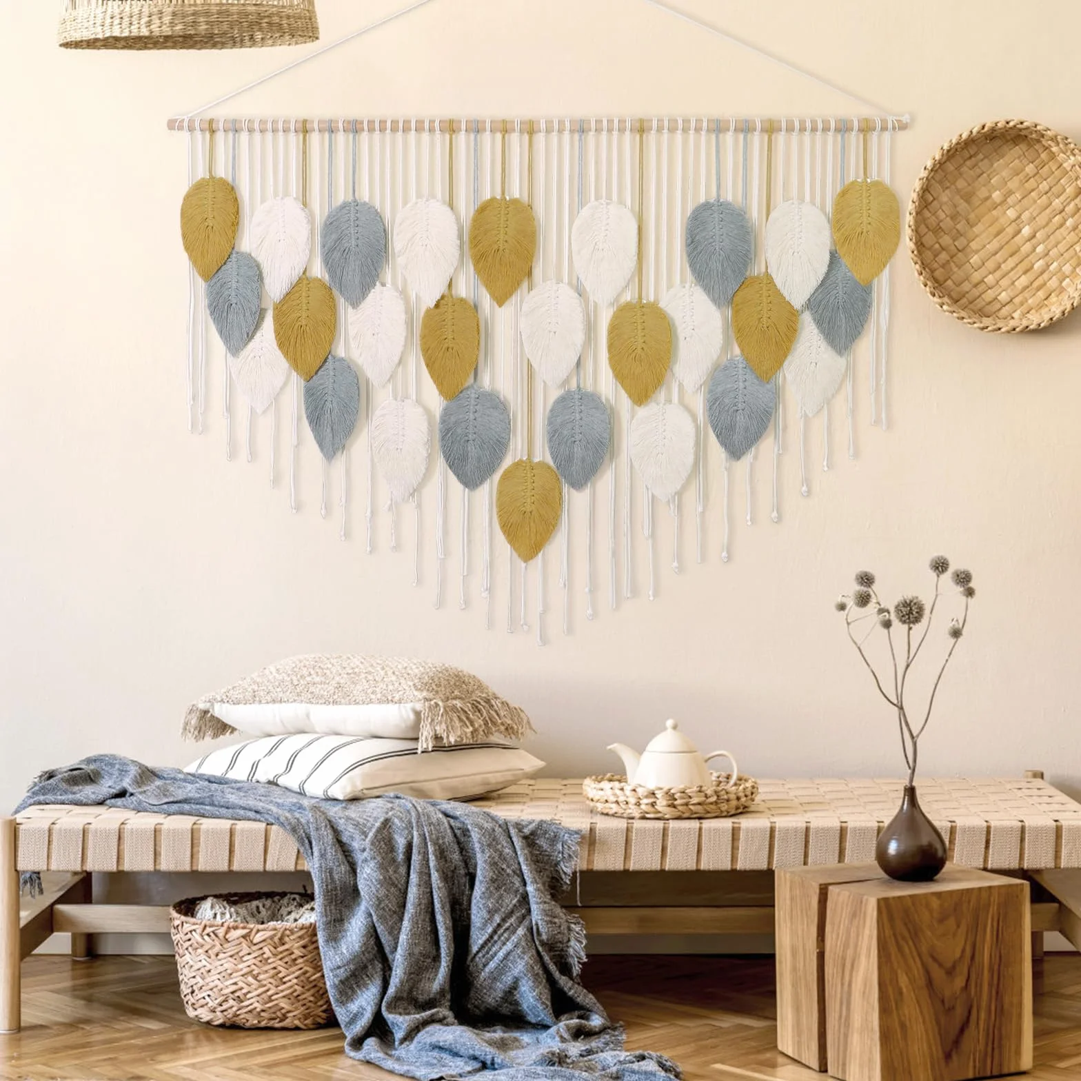 Weldomcor Macramé Tapiz Grande Tejido Tapiz Boho Macramé Hoja Decoración de Pared Pluma Chic Arte Tejido Para Dormitorio, Decoración de Salón, 130 cm Amarillo