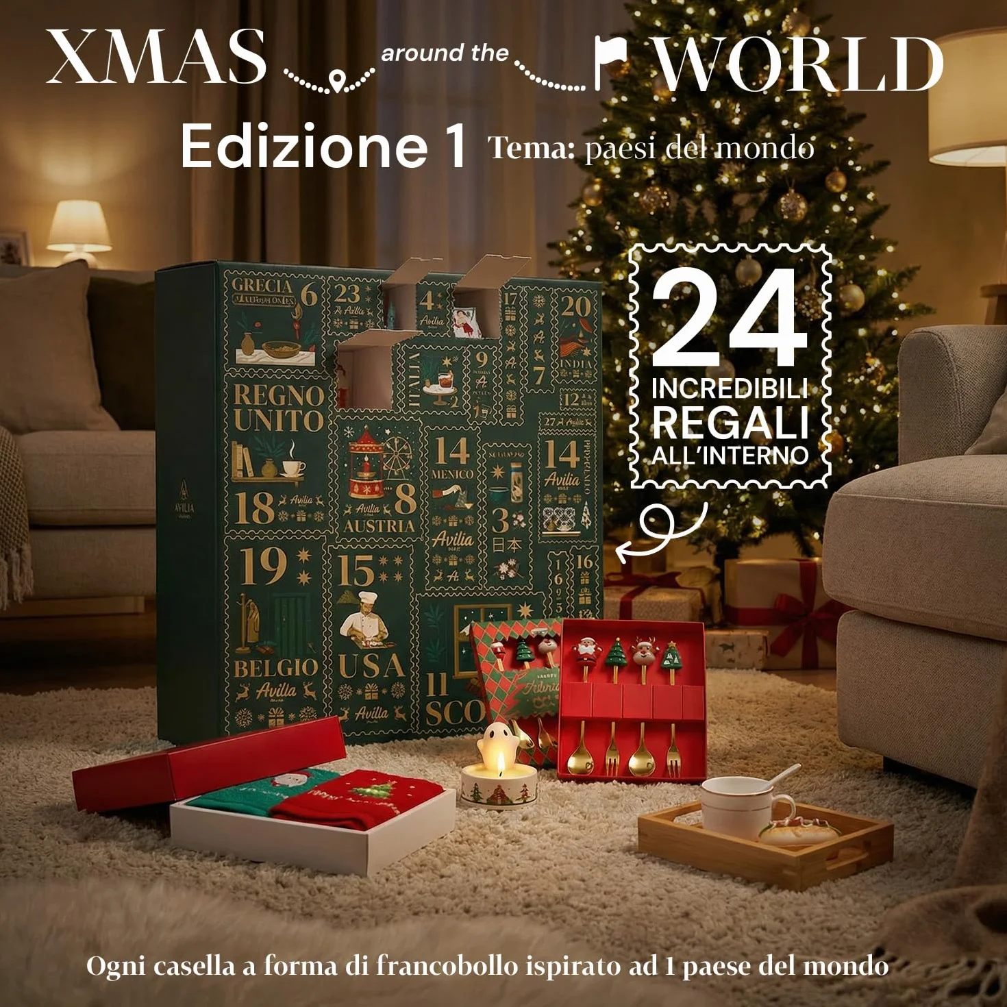 Wintem Calendario de Adviento con 24 regalos temáticos de países del mundo para el hogar, la cocina y el bienestar, idea de regalo original de Navidad con juego de ganso integrado y paquete de lujo