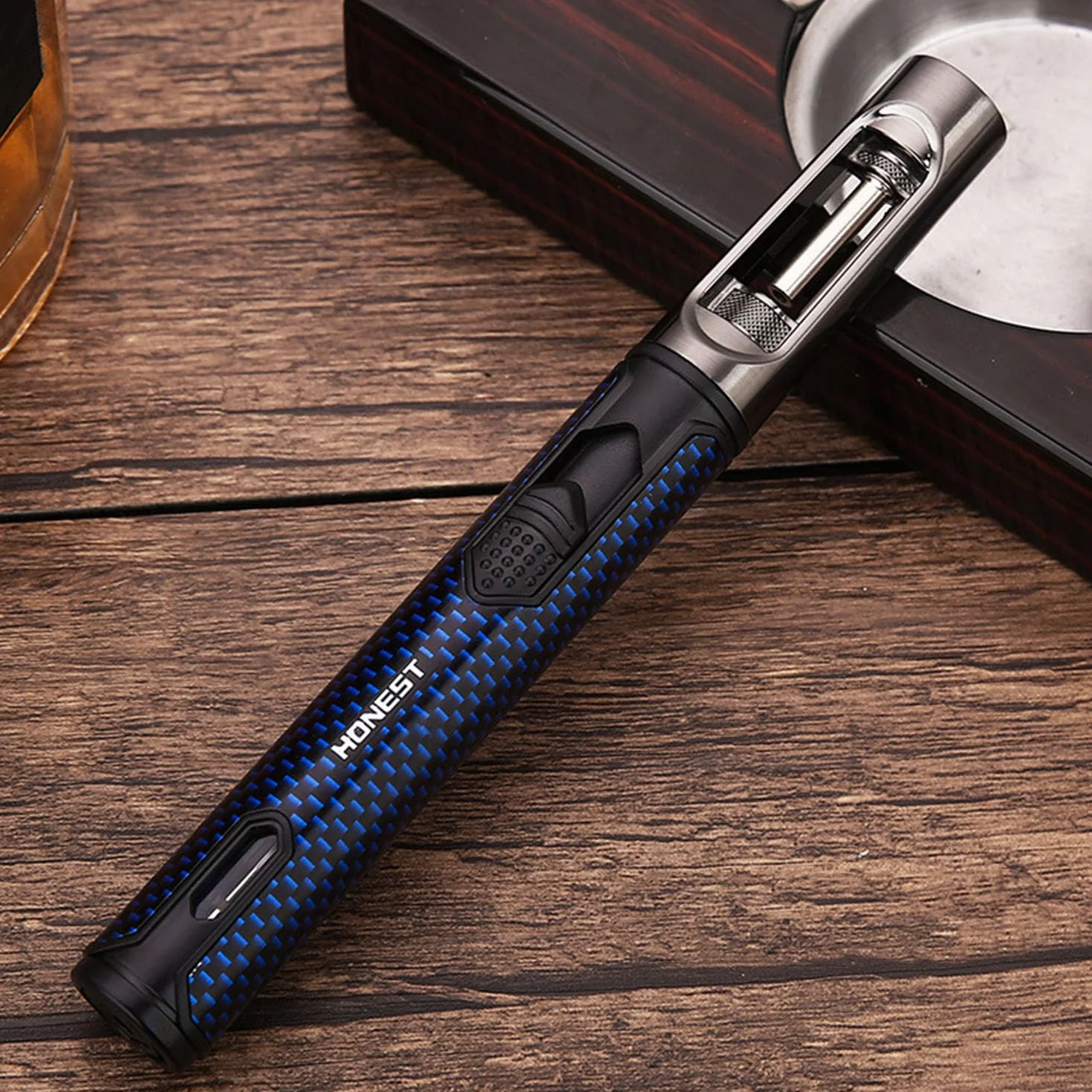 Encendedor Cigarro Ventana Visible Jet Flame Butano Recargable Antorcha Larga para Estufa Parrilla Barbacoa Vela Fuegos Artificiales Camping (Gas No Incluido),Blue