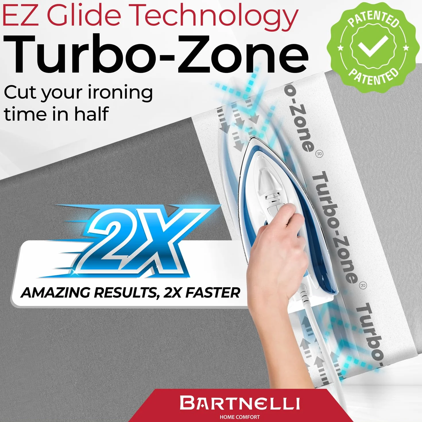 Bartnelli Funda y almohadilla para tabla de planchar, fabricada en Europa con nueva tecnología patentada, funda de repuesto para tabla de hierro de 54 x 15 pulgadas con zona Park & Turbo, resistente a