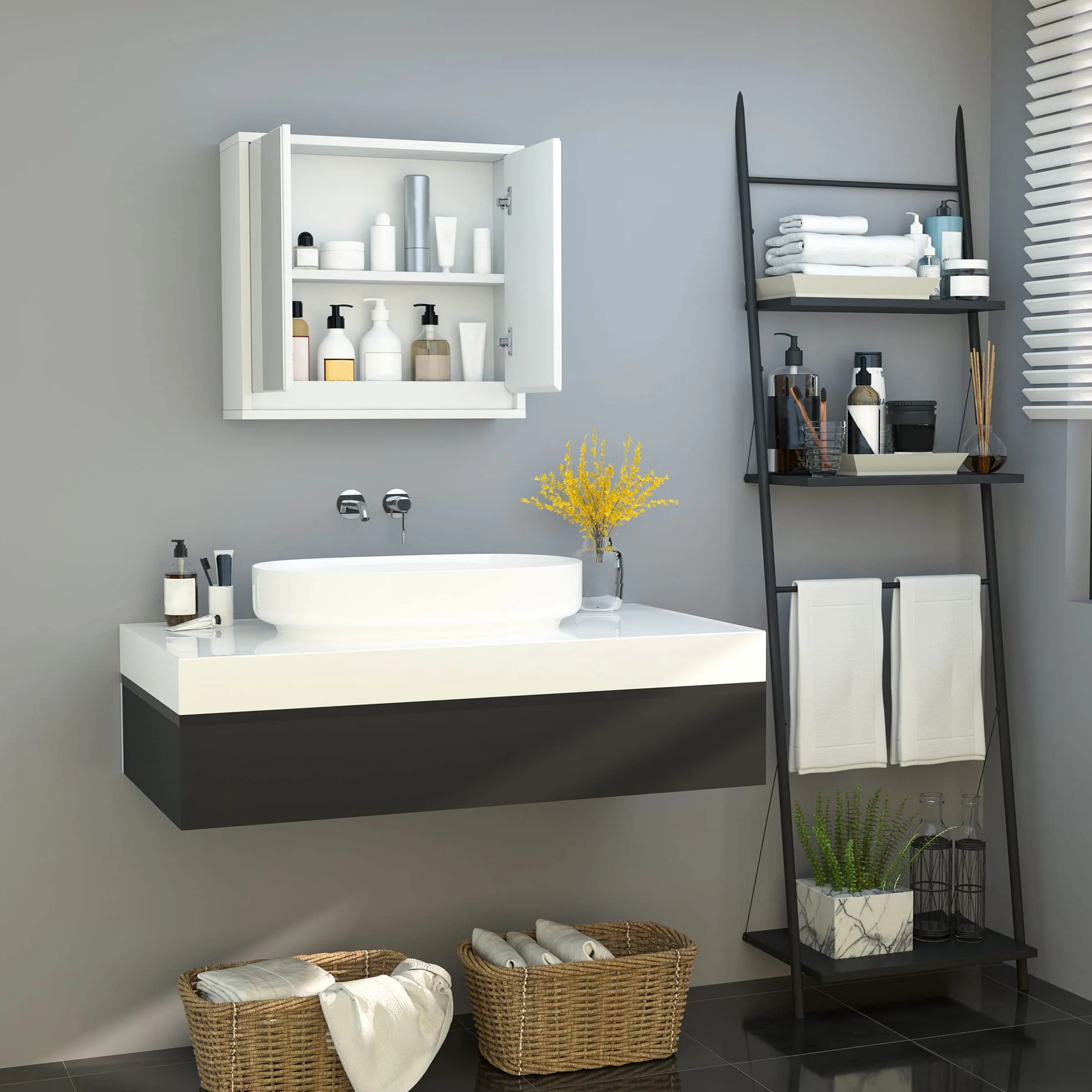 HOMCOM Armario de Baño con Espejo con 2 Puertas y Estante Ajustable Mueble Colgante de Baño para Aseo Estilo Moderno 48x14,5x45 cm Blanco