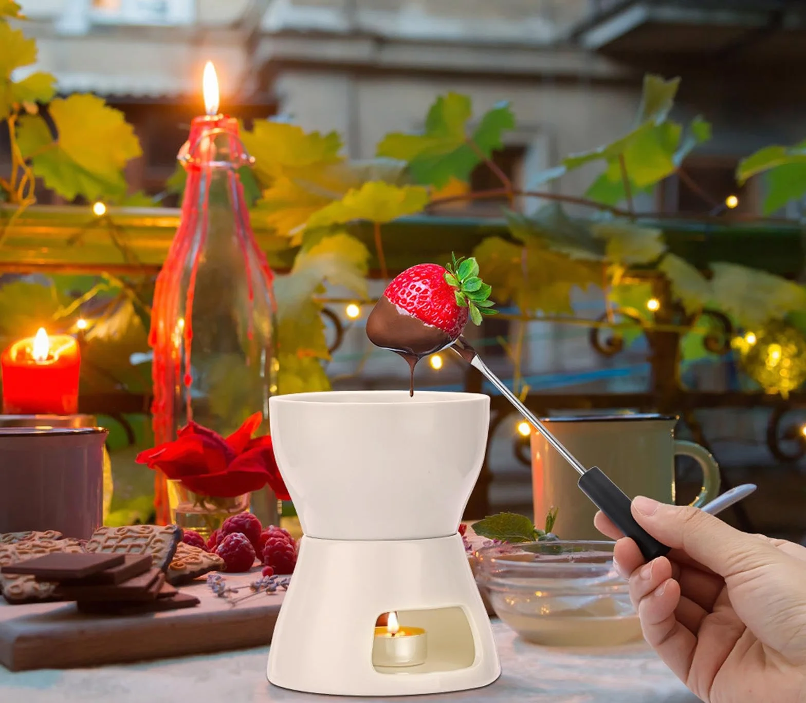 Juego de Fondue de Chocolate 400ML con 4 Tenedores, Cerámica Fundidor de Queso