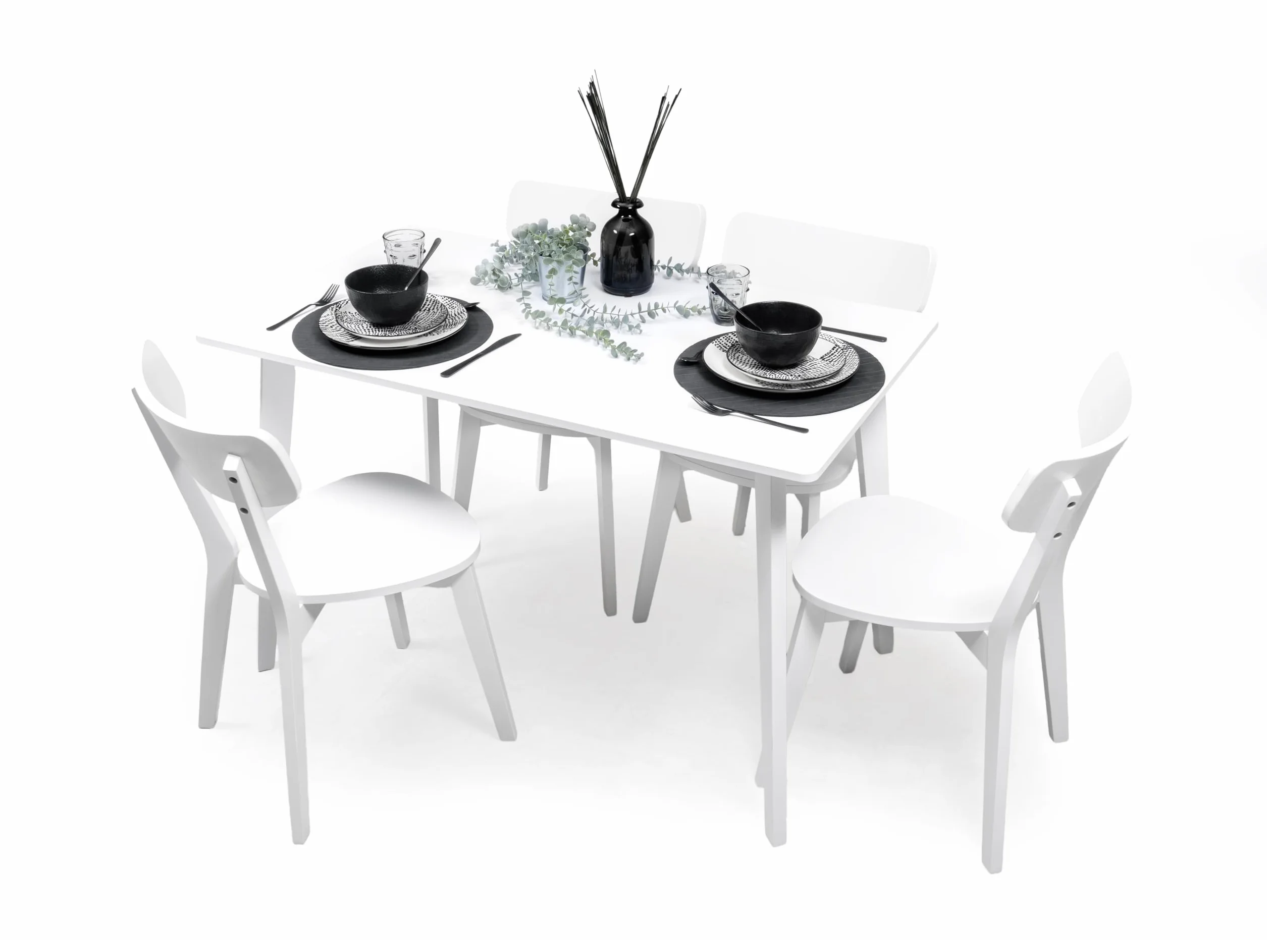 Homely® | Conjunto de Comedor Cody con Mesa Rectangular 120x70 cm. y 4 Sillas, | Madera lacada Blanco | Estilo Nórdico-Escandinavo | Madera Maciza y MDF | Pack de Mesa y sillas Informal y económico