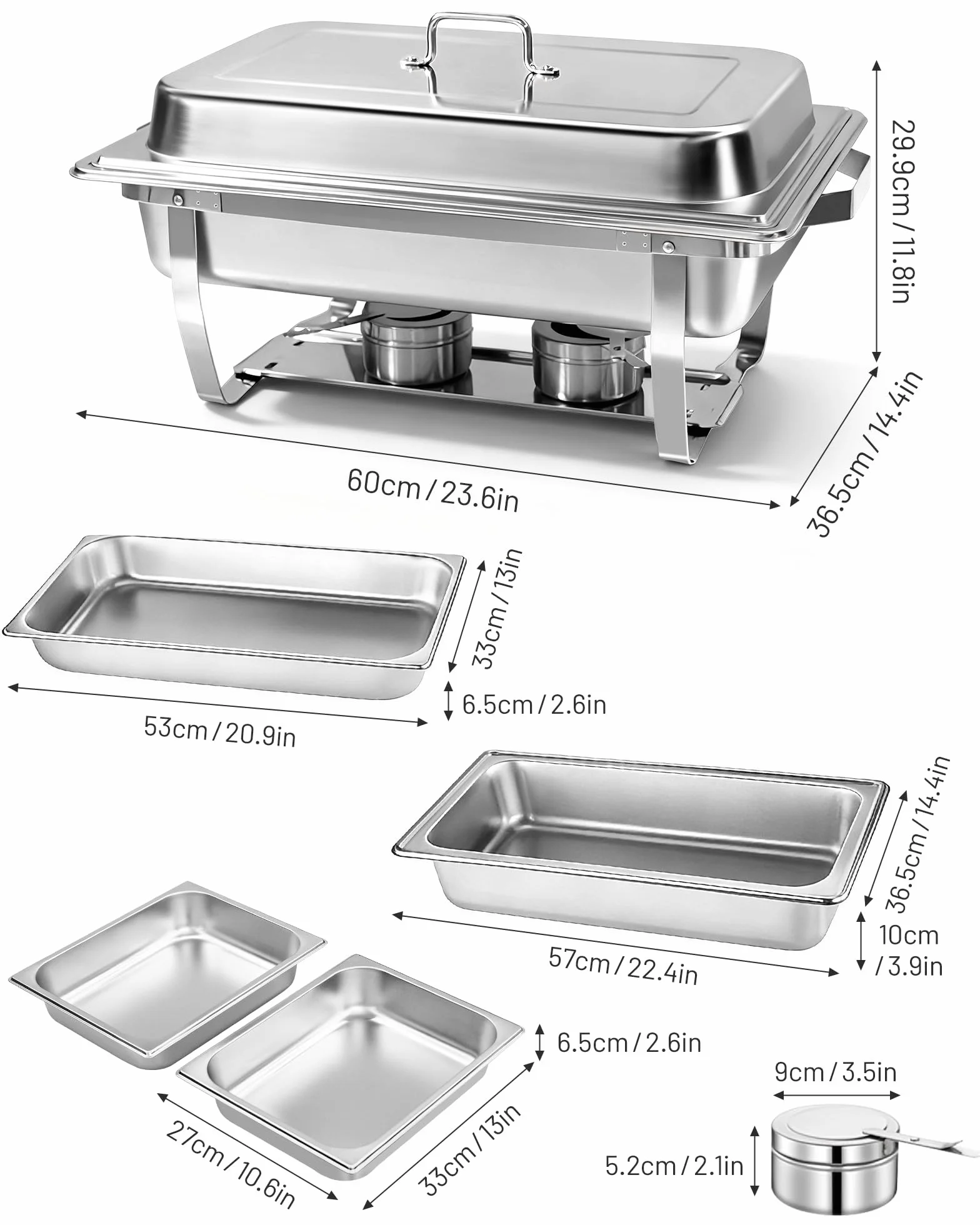 2PCS Fuentes Calientes para Buffet, 9L Bandeja para Buffet, Rectángulo con Tapa Enrollable - 2 Bandejas Grandes + 4 Pequeñas, Calientaplatos para Fiestas, Cumpleaños, Navidad, Eventos de Iglesia