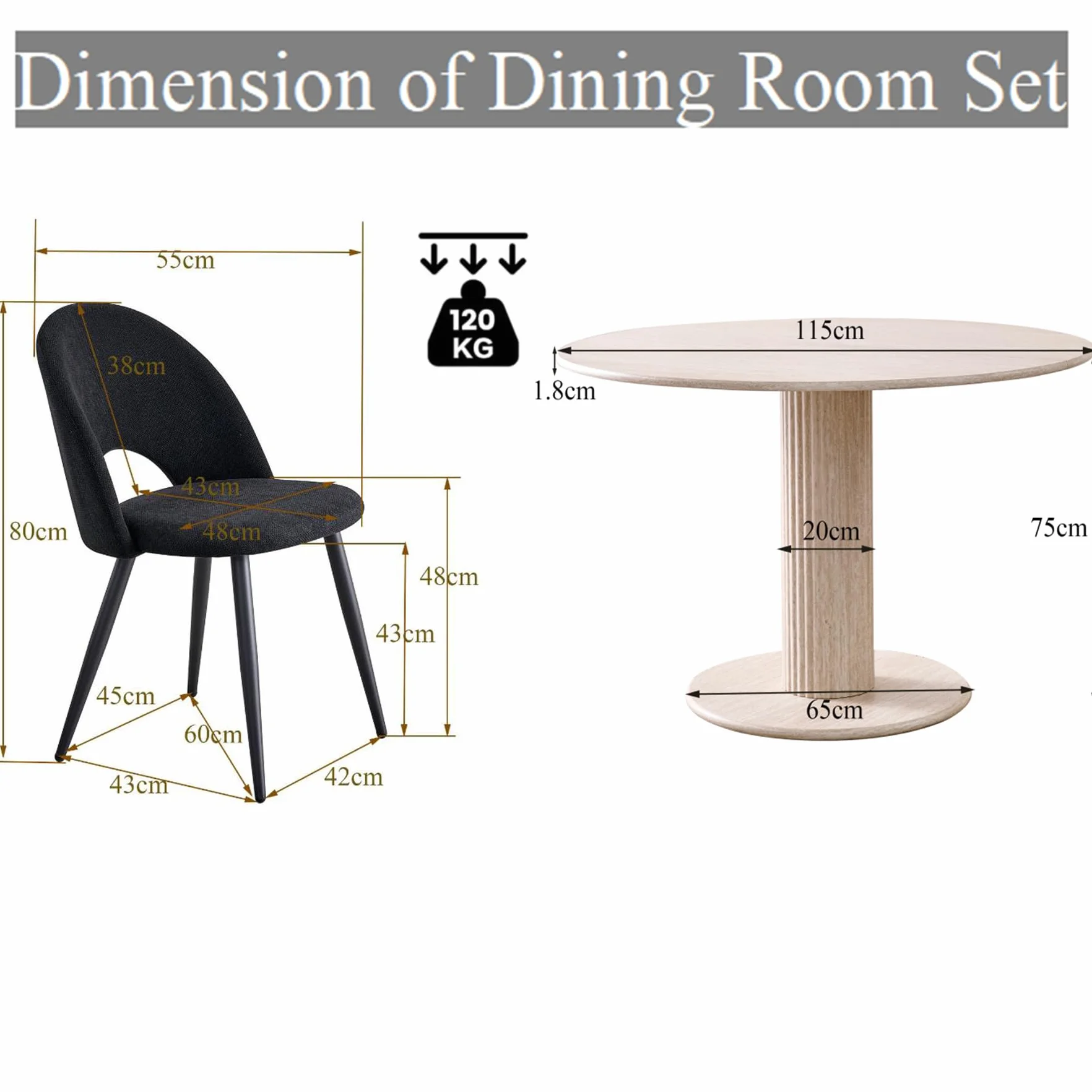 Juego de Mesa de Comedor Redonda con 4 Sillas, Conjunto Mesa (Textura de Travertino Amarillo) y Sillas de Comedor para Cocina, Restaurante y Oficina (Negro+Beige)