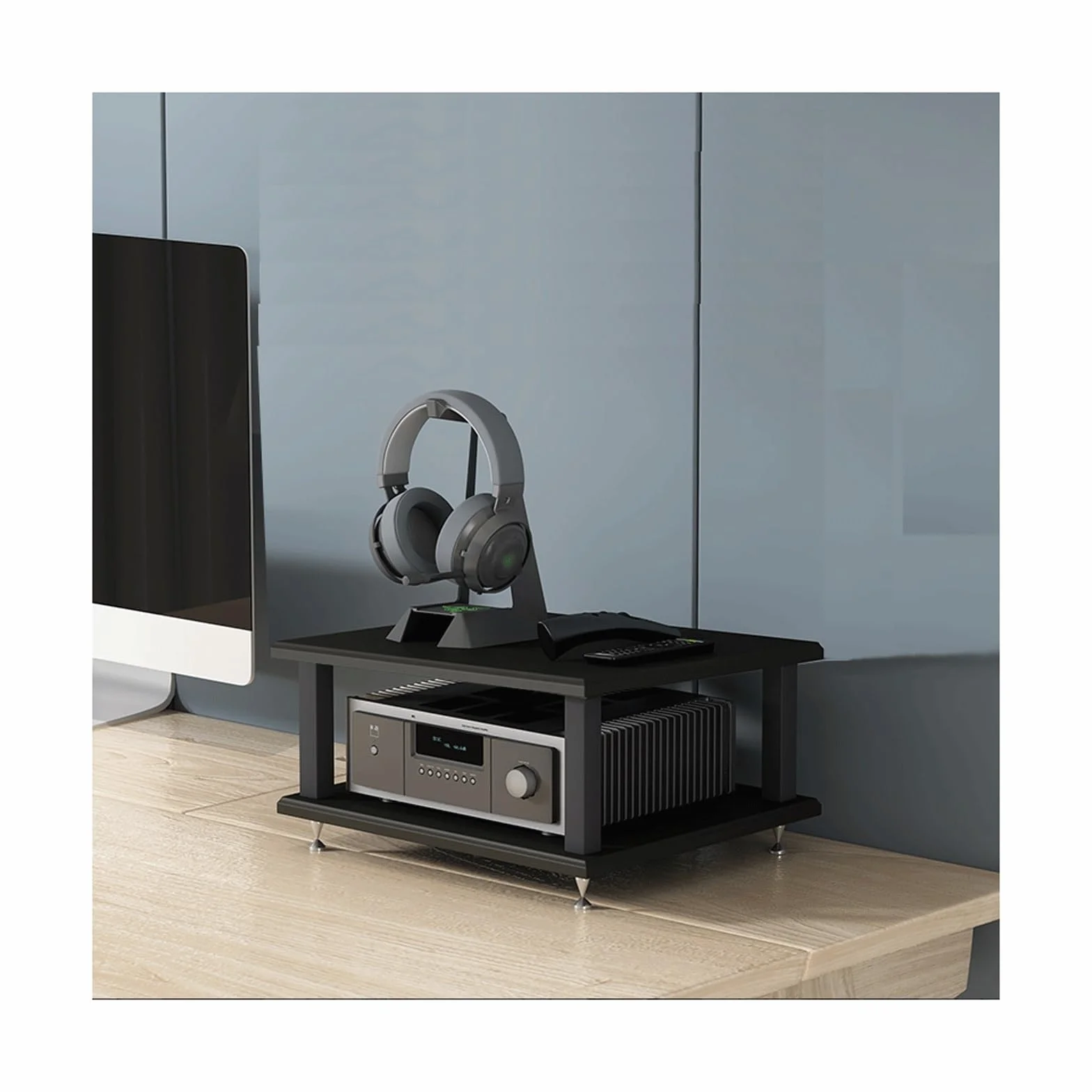 Soporte de entretenimiento AV Component, torre de audio multimedia de escritorio, gabinete estéreo de alta fidelidad abierto, estante de almacenamiento de madera para componentes de audio, organizador