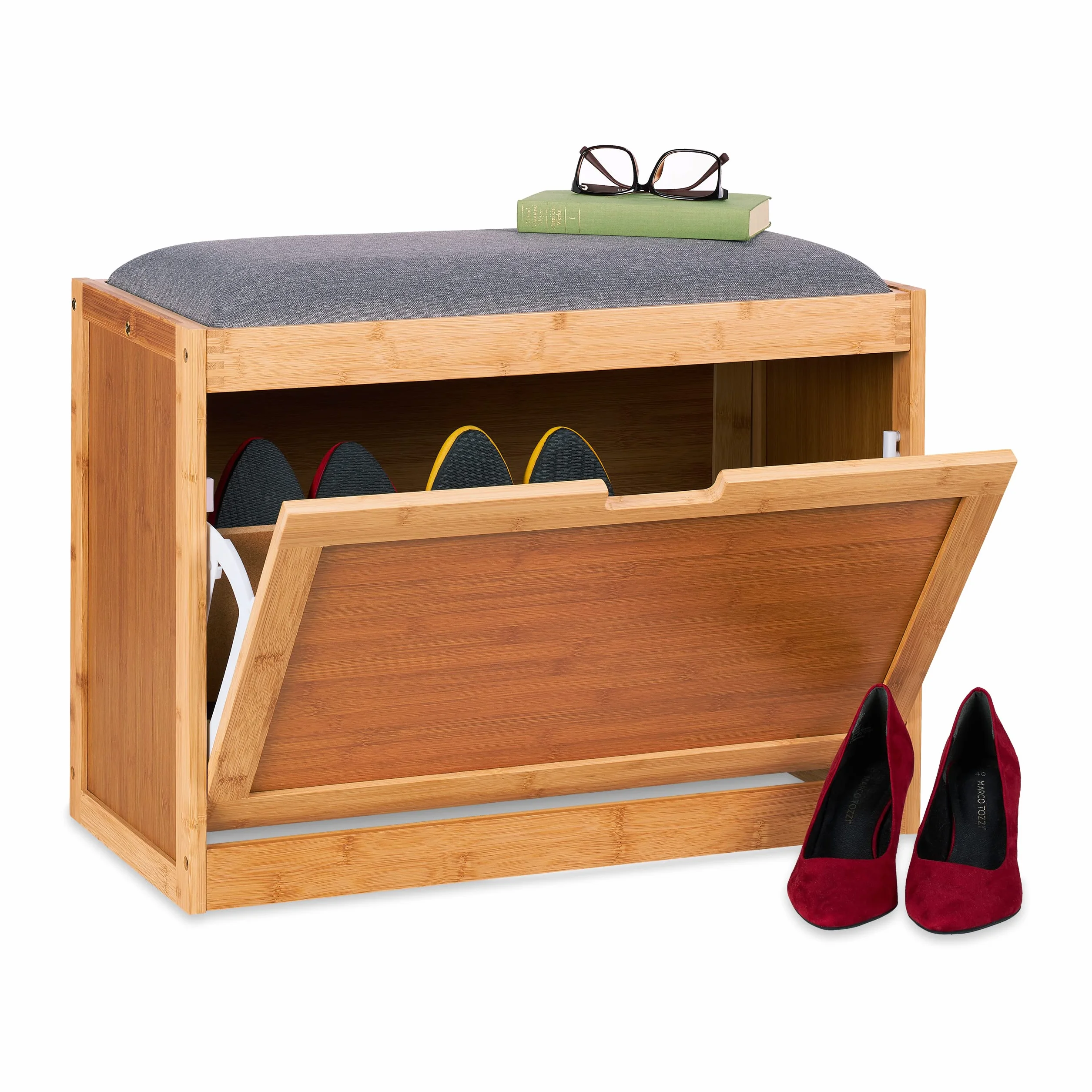 Relaxdays Banco Zapatero con Asiento Grande, Baúl Zapatos Recibidor, 2 Compartimientos Ajustables, Bambú, Natural/Gris