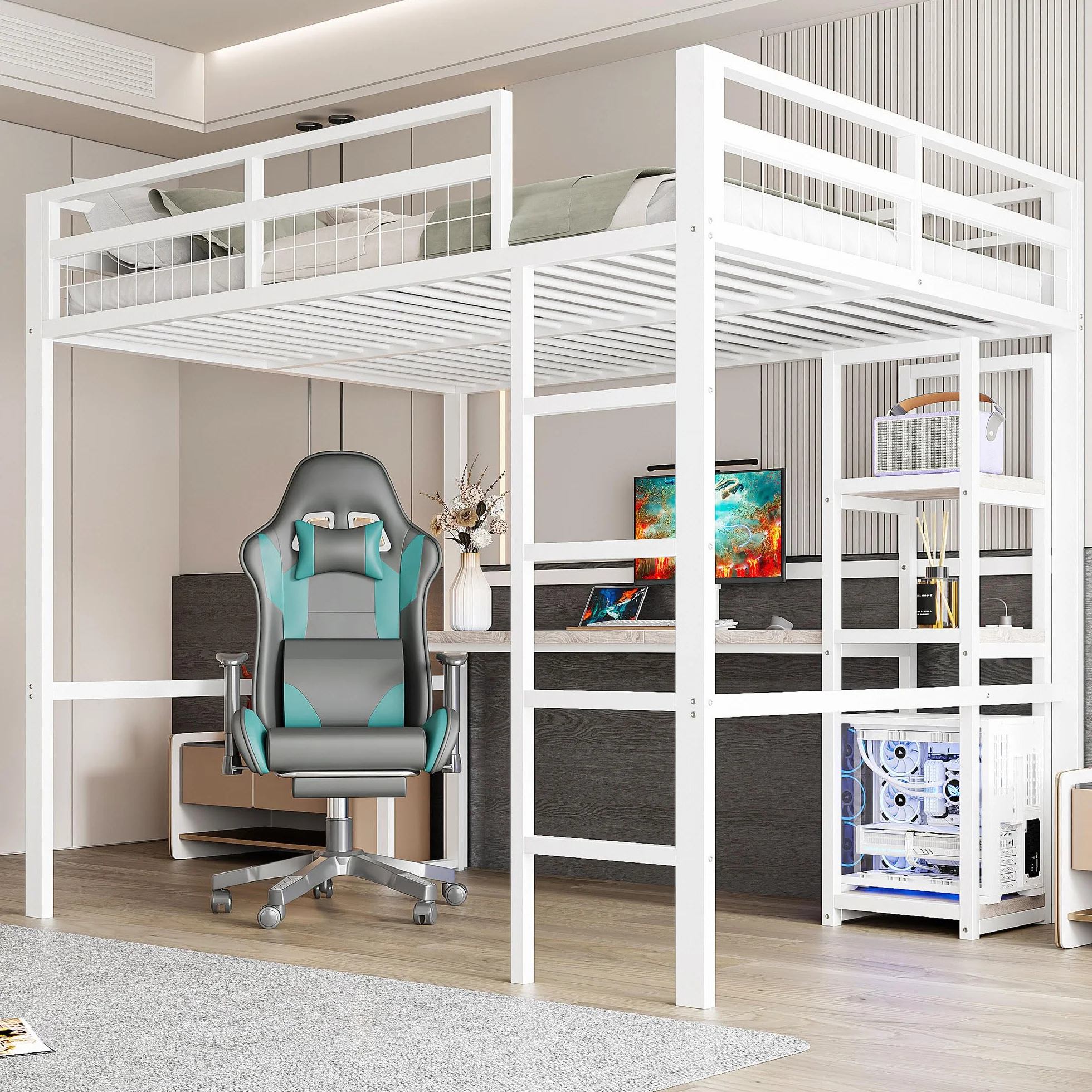 Cama alta de metal 140x200 cm, escritorio con tomacorriente y estante, escalera, con carga USB+Type-c, para niños, adolescentes y adultos, cama de metal con litera, sin colchón (Blanco)