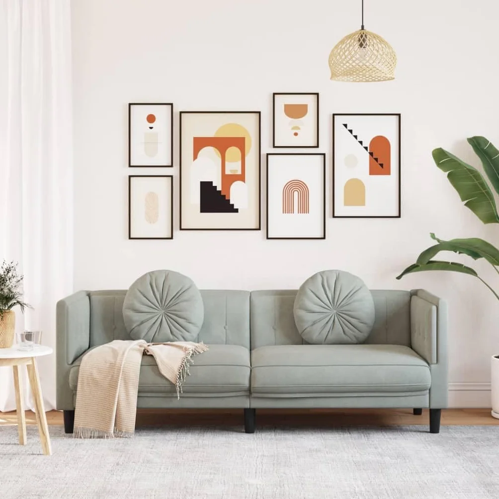Sofá de 3 Plazas Moderno de Terciopelo, Sofá Chaise Longue con Respaldo y Cojines Acolchados, Gris Claro