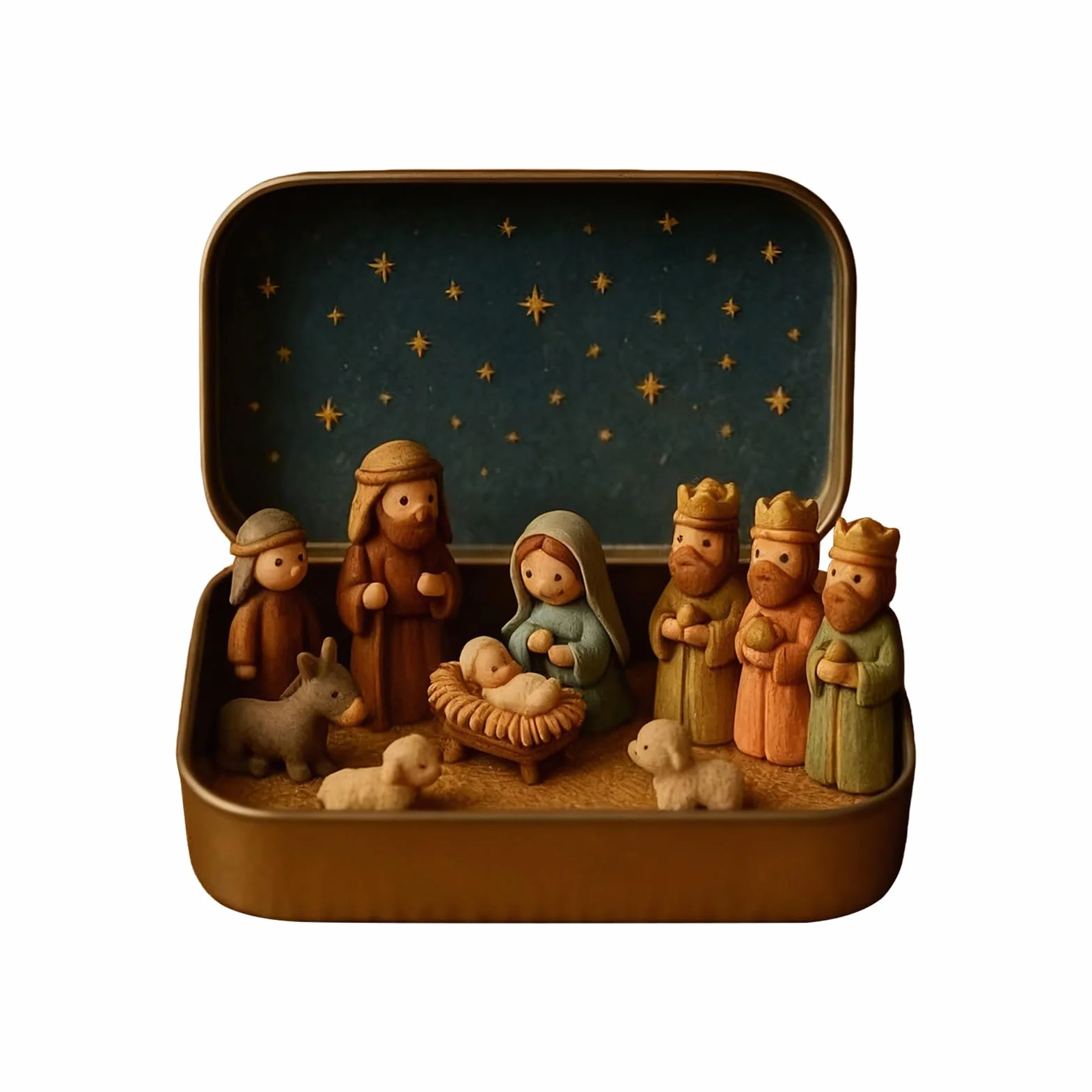 Mini Belén Navideño en Caja Metálica, Escena de Pesebre de Resina Decoración Navideña
