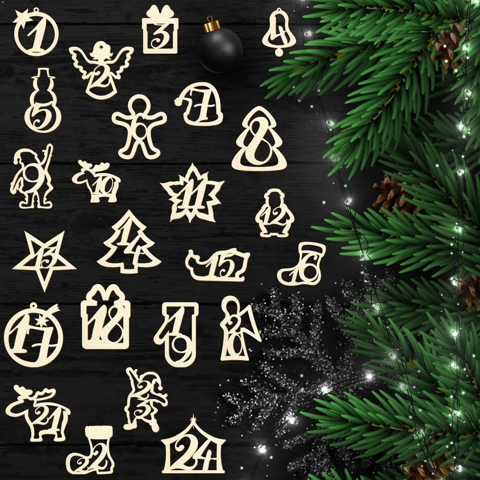 Calendario de Adviento de madera con números, decoración para manualidades, 5 – 20 cm, tamaño: 17 cm, adornos navideños: juego con 24 unidades