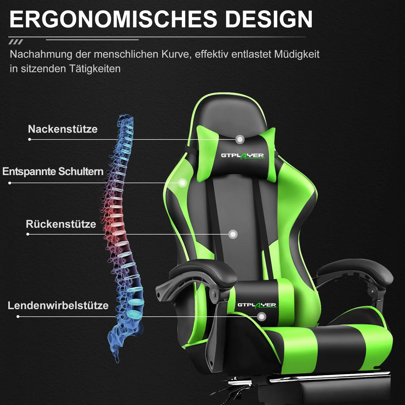 GTPLAYER Silla de oficina para gaming, masaje, sillón, silla ergonómica para gamer, con reposapiés, reposacabezas, cojín lumbar de masaje, acolchado, silla giratoria, verde