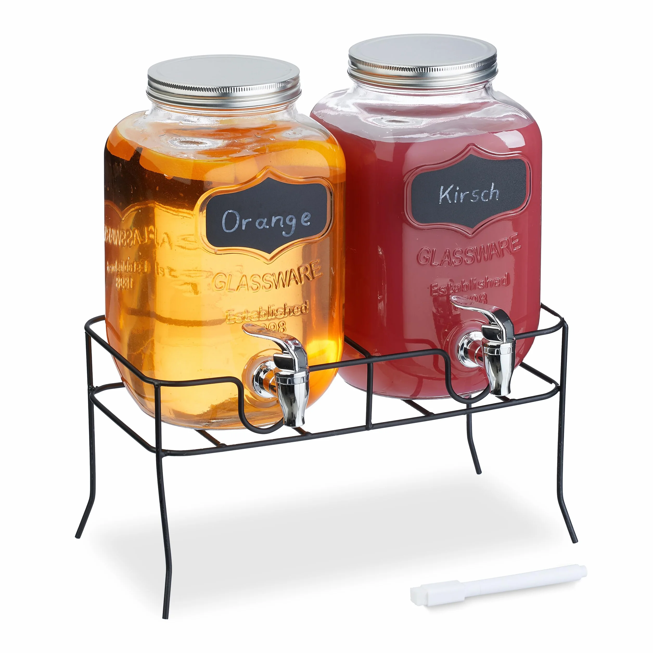 Relaxdays Set 2 Dispensadores Bebidas con Soporte, Recipiente Limonada 4L, Grifo y Tapa, Cristal, Surtidor, Transparente