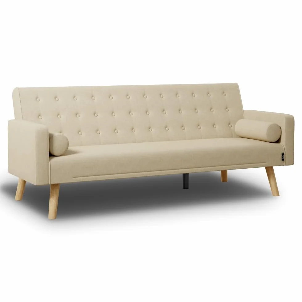 Nalui - Sofá Cama 3 Plazas Acolchado 203x82x78cm One Dots, 2 Cojines y Apertura Clic-Clac con Dif. Grados de Reclinación. Sofá Cama Chaise Longue con Patas de Madera Convertible en Cama Doble | Beig