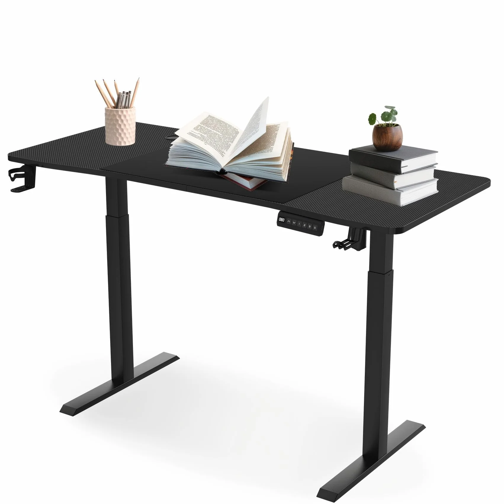 XMTECH Escritorio eléctrico de altura regulable 160 × 60 cm, escritorio para ordenador, 3 funciones de memoria, superficie de fibra de carbono, tipo C, gestión de cables, gancho para auriculares y