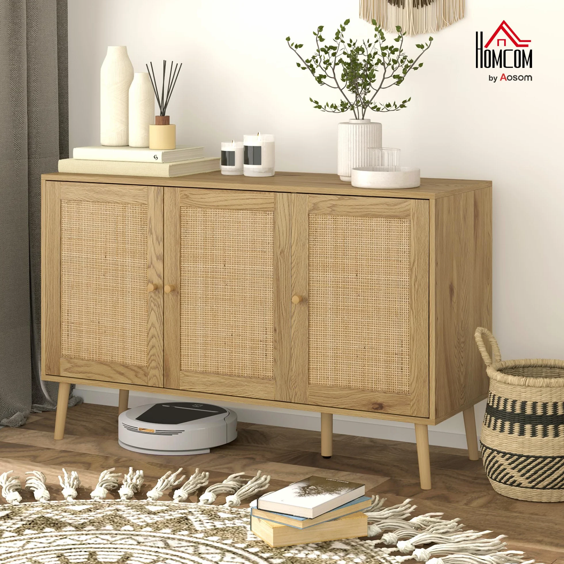 HOMCOM Aparador con 3 Puertas de Ratán, Estantes Ajustables, Madera Natural, 120x40x75 cm