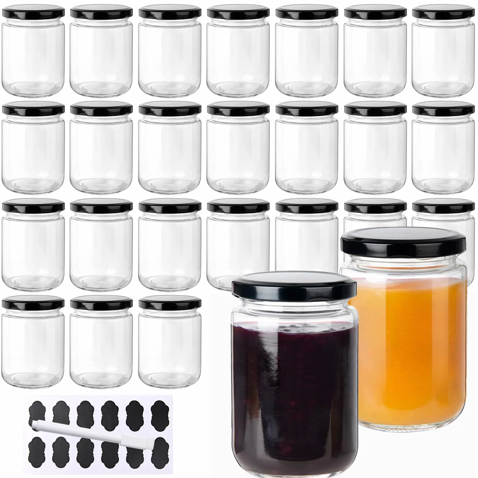 YBCPACK - Tarros de mermelada de cristal (350 ml, 24 frascos herméticos con 24 etiquetas y marcador), ideal para Pickles, Mermelada Casa, Miel y Conservación