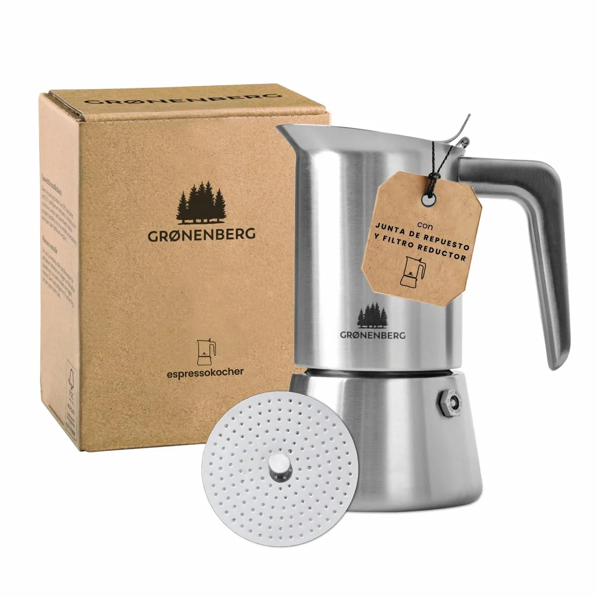 Groenenberg Cafetera Italiana + filtro reductor | Cafetera express 2-4 Tazas (200 ml) | Cafetera italiana induccion (acero inox) con junta de repuesto