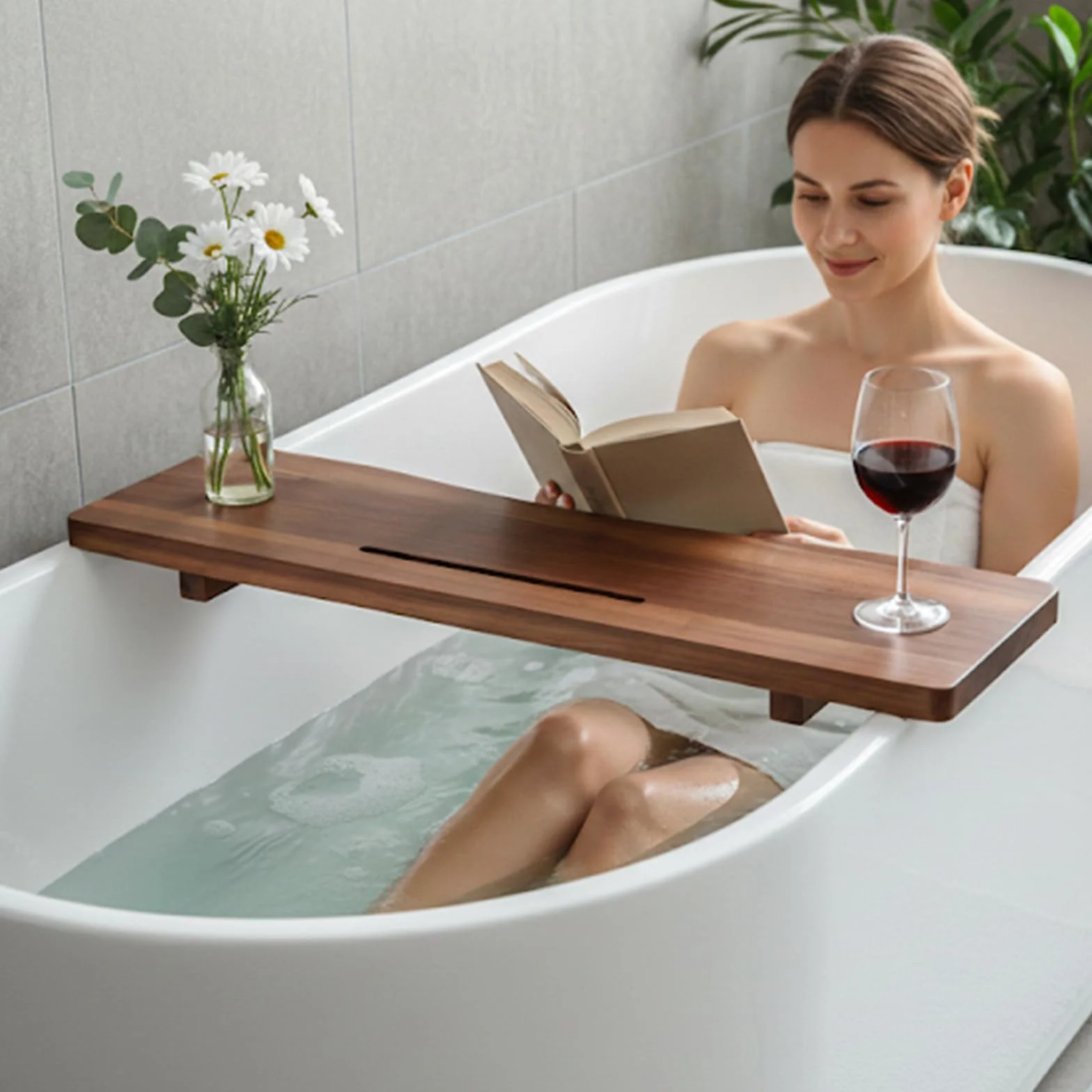 Bandeja de bañera de madera de acacia para bañera independiente, bandeja de baño ajustable de 35 pulgadas para bañera, mesa organizadora de lujo para spa, accesorios de bañera para mujeres