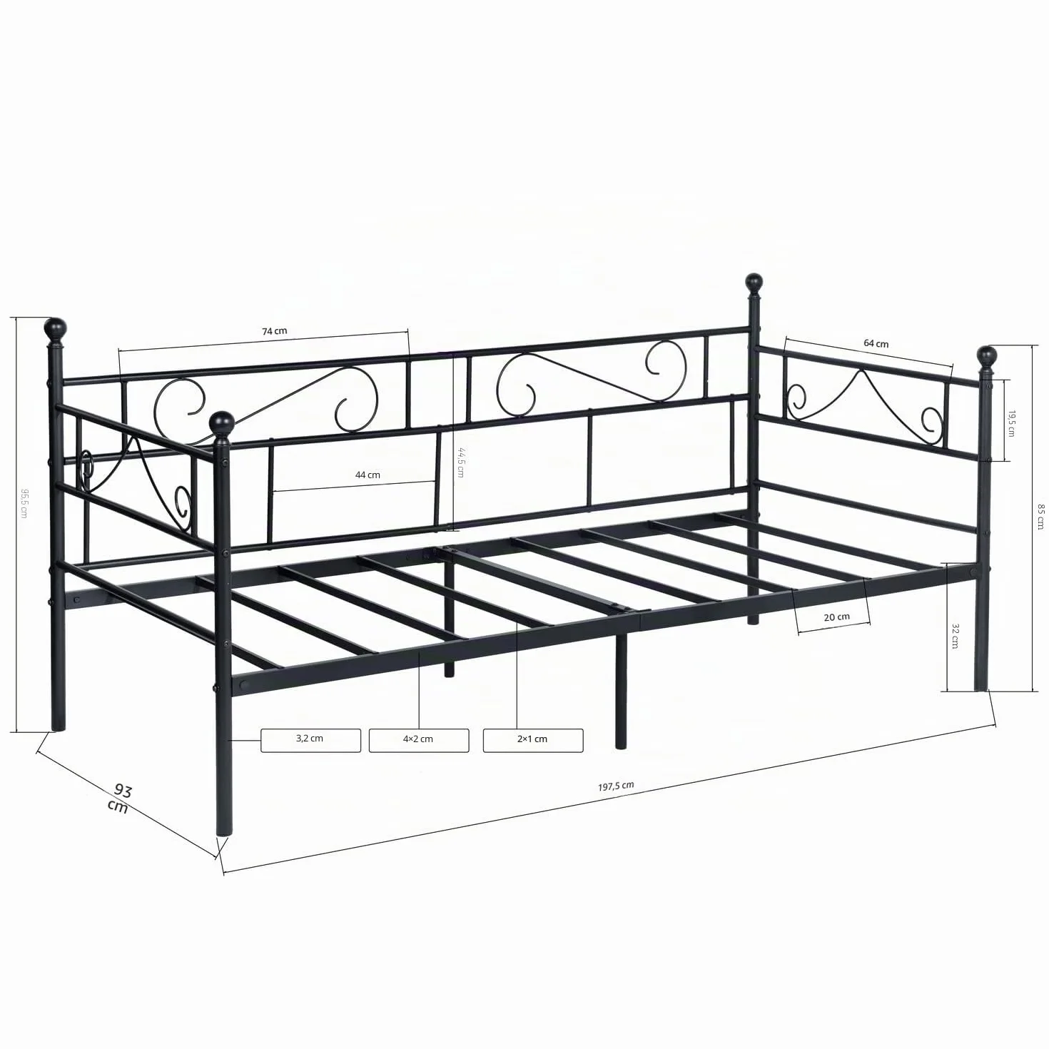 Marcos Diván Cama Individual de Metal, Estructura Sofá Cama Hierro Forjado para Adultos, Adecuado para Colchón de 90x190 cm, Negro