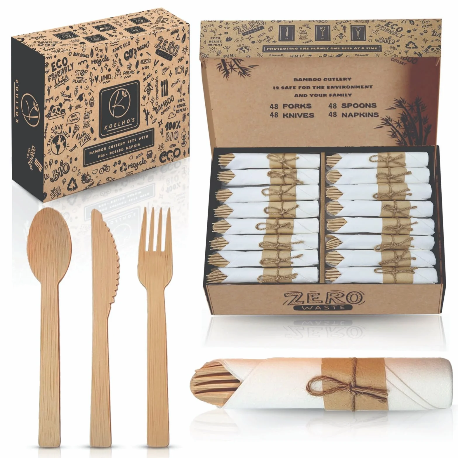 KOELHO'S Juego de cubiertos de bambú 100 % natural, 24 cuchillos, 24 tenedores y 24 cucharas, juego de utensilios de bambú reutilizables para fiestas, bodas, pícnics (paquete de 48)