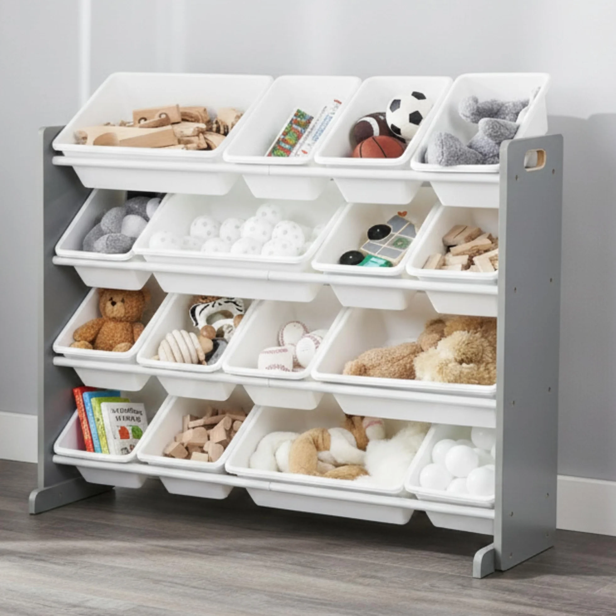 Humble Crew estantería Infantil Gris/Blanco: 16 Cajas Almacenamiento, Madera, Organiza Juguetes, Segura, Moderna, fácil Montaje