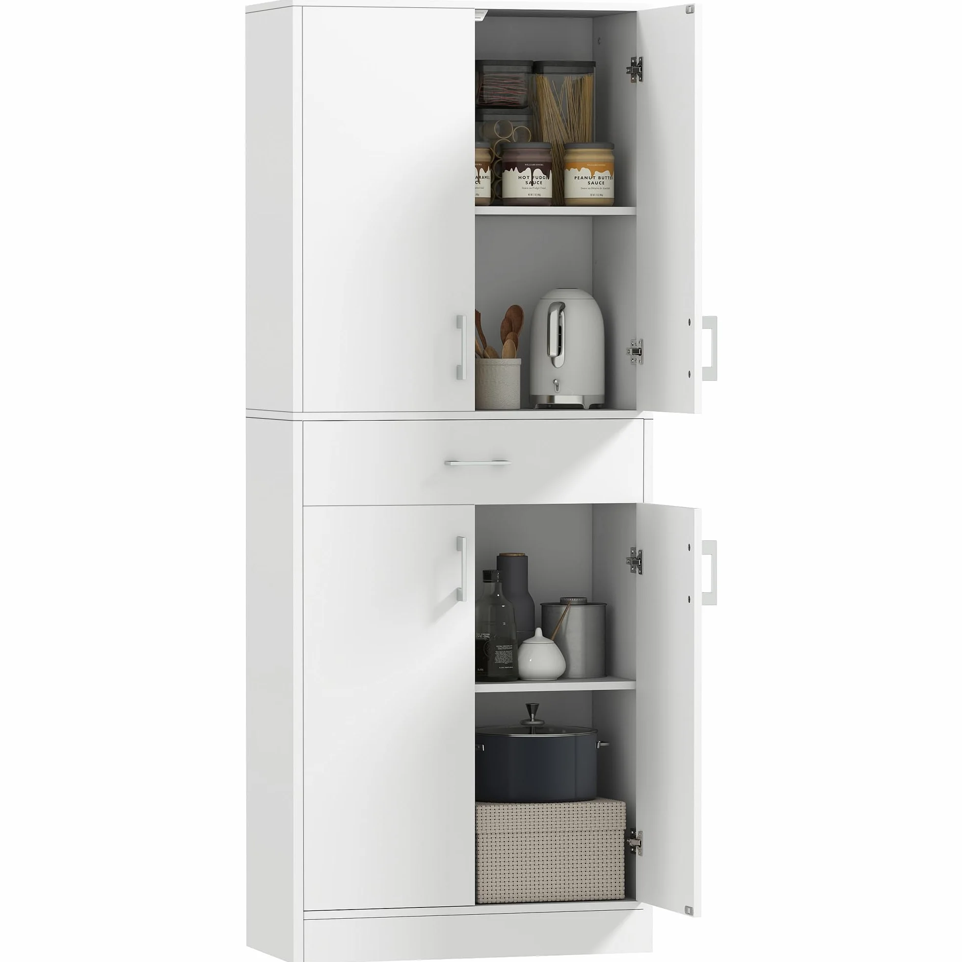 HOMCOM Alacena de Cocina con 4 Puertas 1 Cajón y Estantes Ajustables Antivuelco Armario de Cocina Moderno para Comedor Salón 70,8x34x180 cm Blanco y Plata