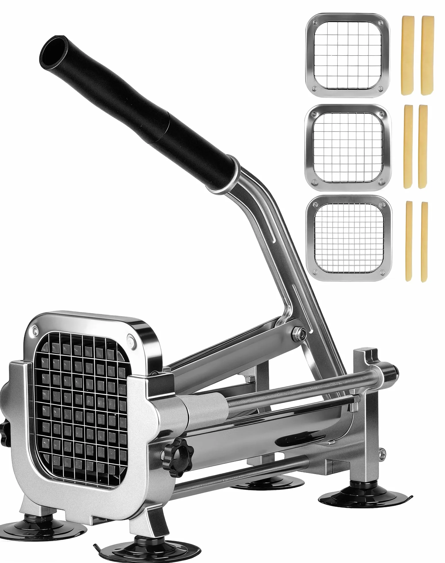 Cortador de Patatas Profesional Cortador Patatas Fritas Manual con 3 Cuchillas de 6.5, 9 y 13 mm Multicorte Patatas con Base Antideslizante de Ventosa Cortapatatas para patatas, pepinos y zanahorias