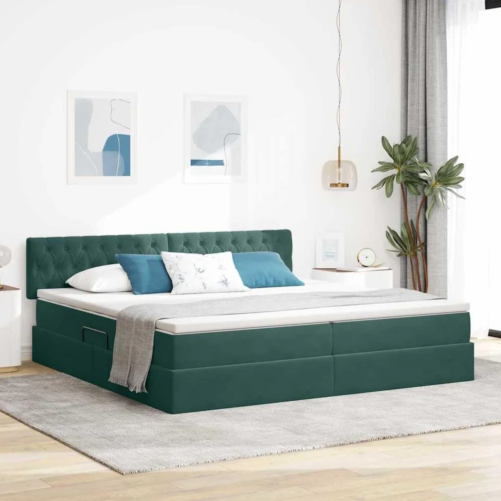 Estructura de cama con espacio de almacenamiento y LED verde oscuro, 200 x 200 cm, terciopelo, con somier y cabecero, mecanismo de elevación hidráulico, doble con tira LED RGB alimentada por