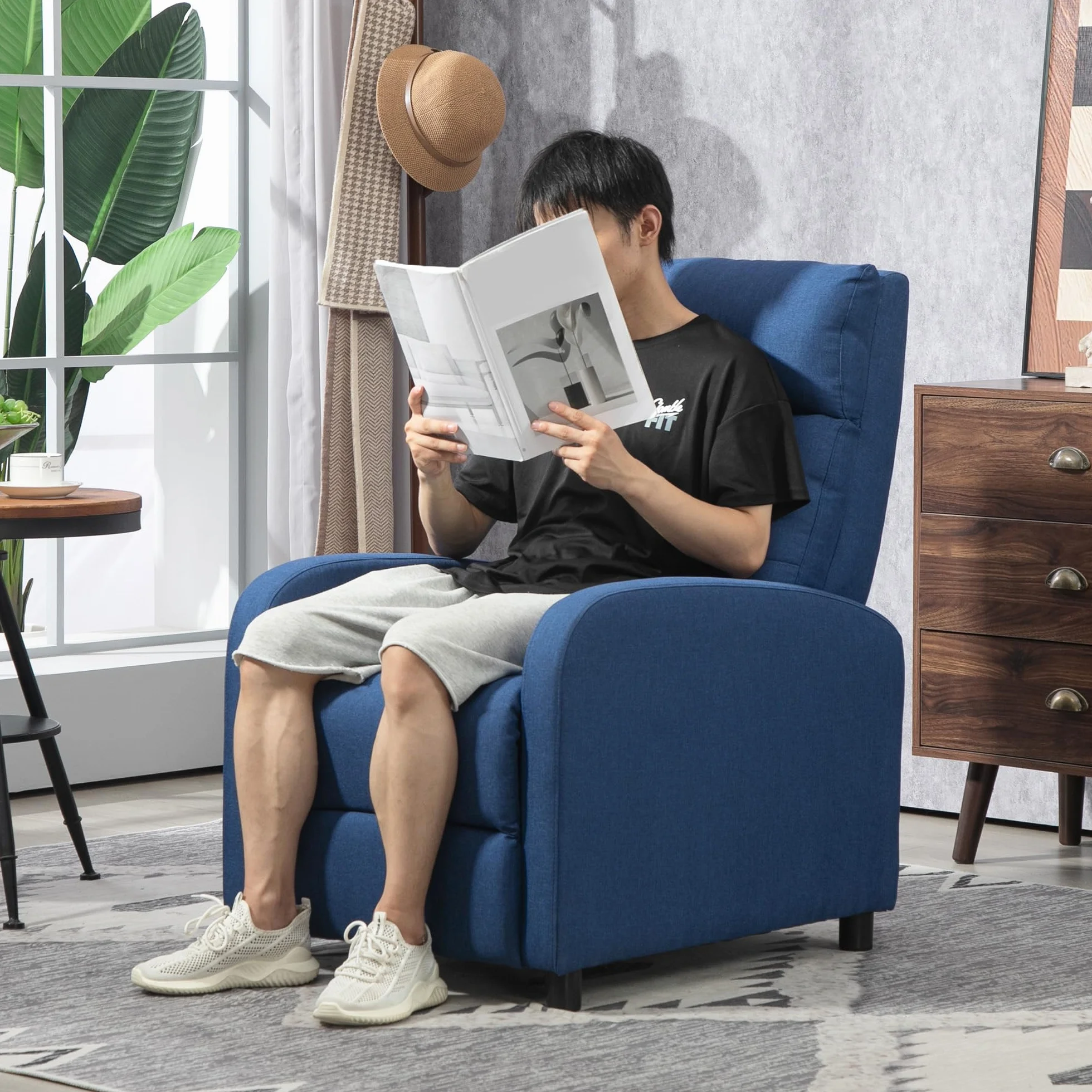 HOMCOM Sillón Relax Reclinable Manual, Sillón Relax de Lino con Apertura Push, Reposapiés, Respaldo Alto, Acolchado Grueso, Butaca Reclinable hasta 155º para Salón, Dormitorio, Oficina, Azul