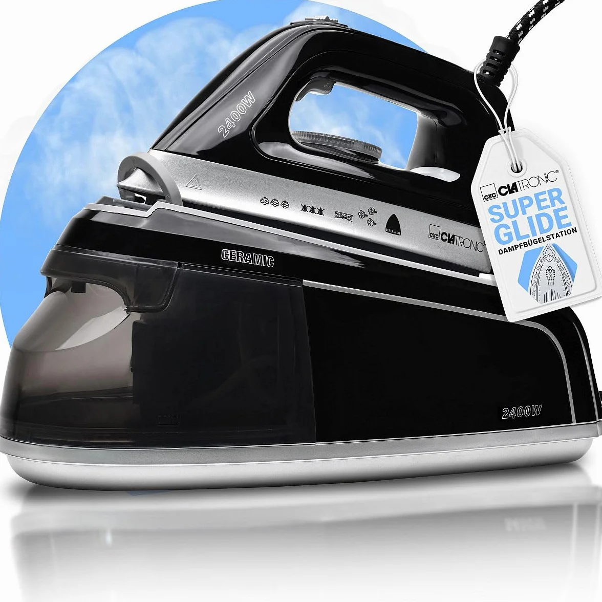 Centro de planchado a vapor Clatronic con plancha de vapor | 3,5 bar | plancha de vapor con suela Superglide y depósito de agua de 1,2L | 80 min. de autonomía | 2400W | con sistema antigoteo |DBS 3749