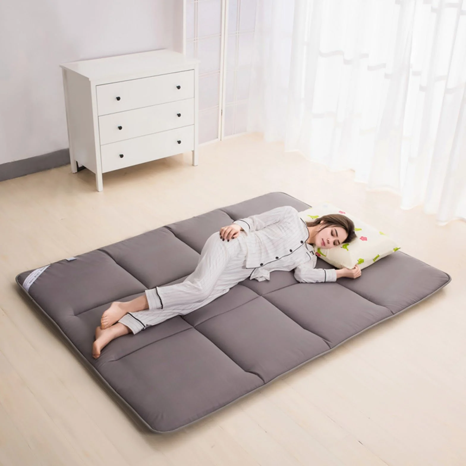 Colchón de suelo individual, tapete de tatami suave y transpirable, portátil, enrollable, grueso, plegable, para cama de dormitorio de estudiantes (gris, 90 x 200 cm)