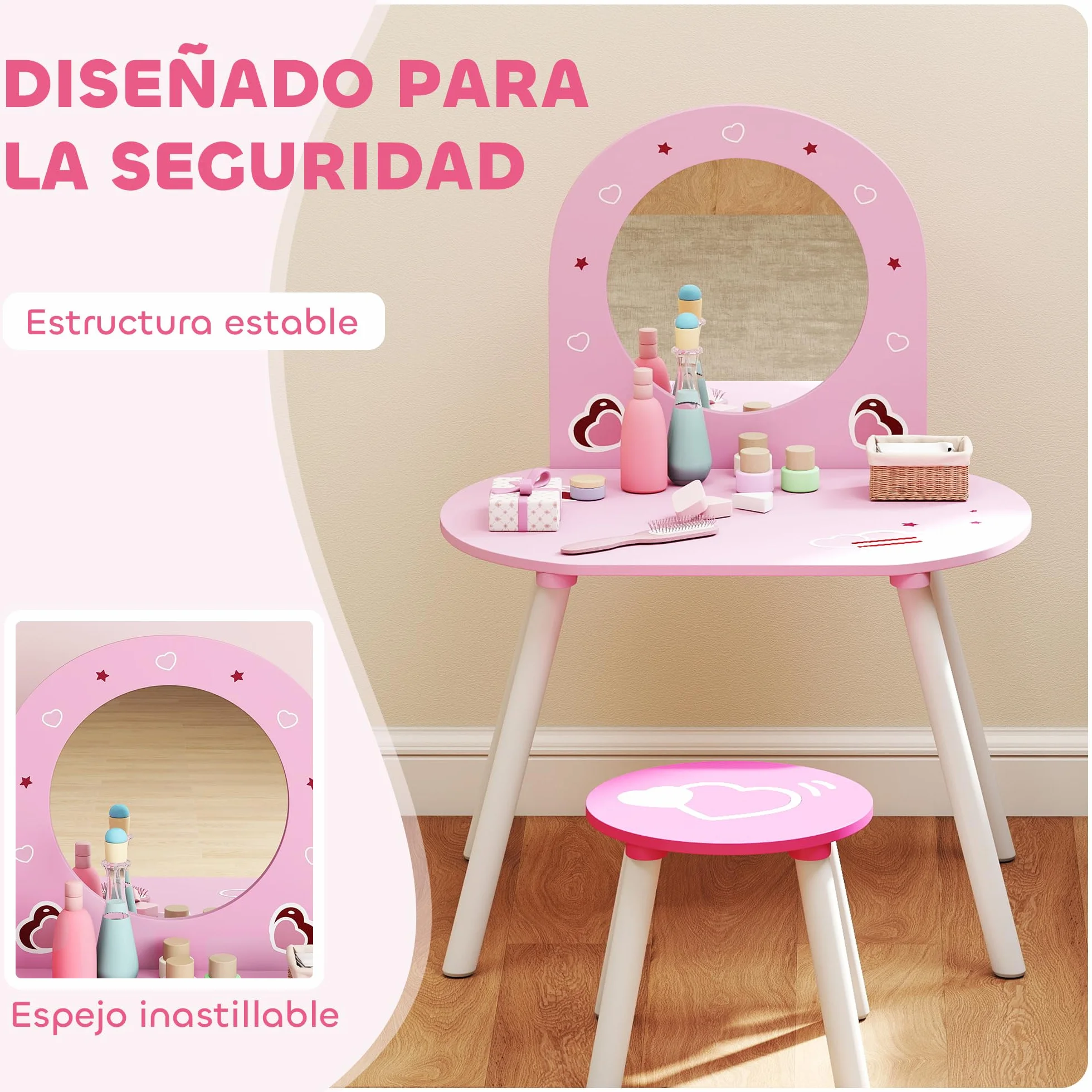 AIYAPLAY Tocador Infantil con Taburete y Espejo, Mesa de Maquillaje para Niñas 3-6 Años, Rosa