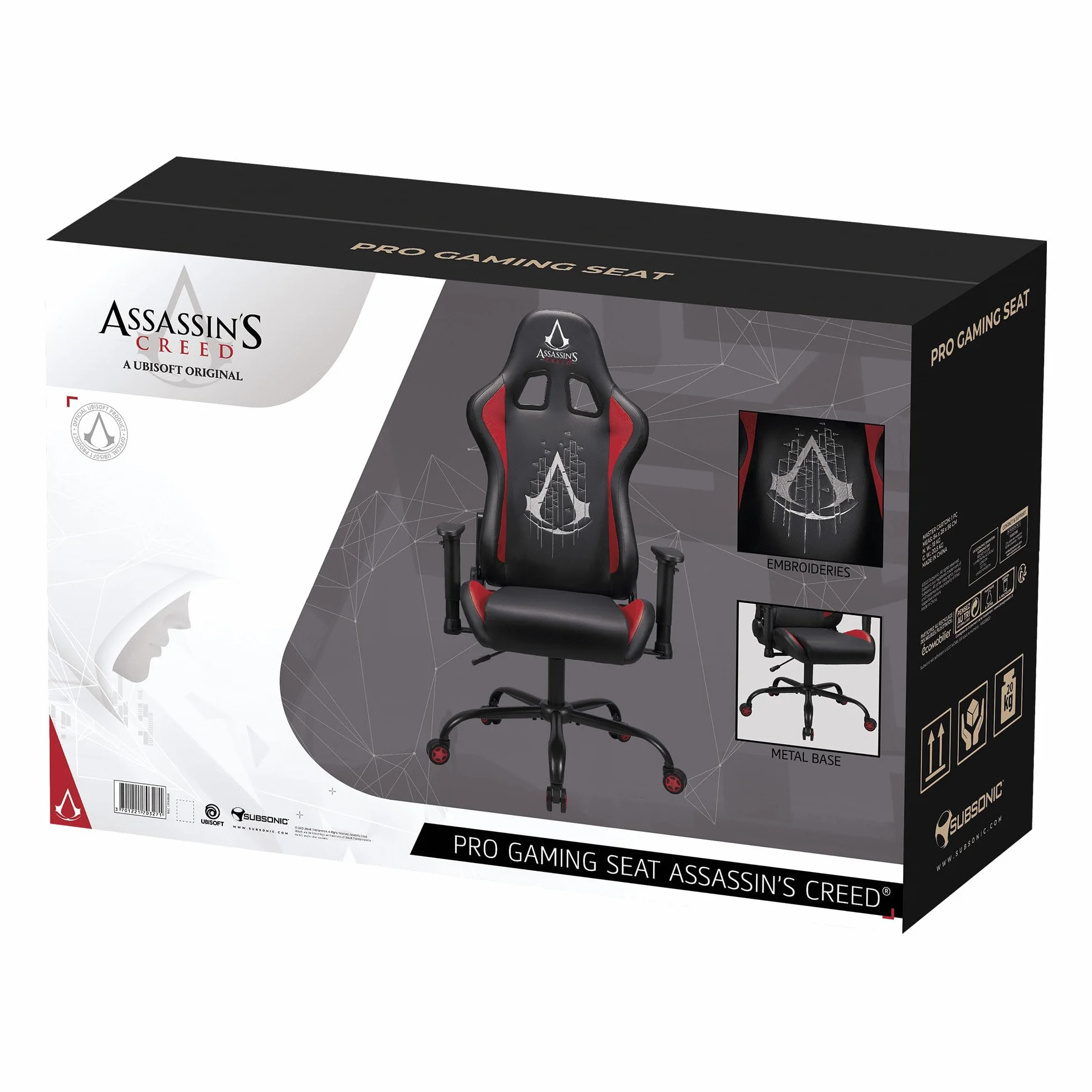 Subsonic - Silla Gaming Assassin'S Creed - Silla de Oficina Ergonómica con Espuma de Alta Densidad, Respaldo Reclinable y Reposabrazos 3D Ajustables - Altura Ajustable - Negro