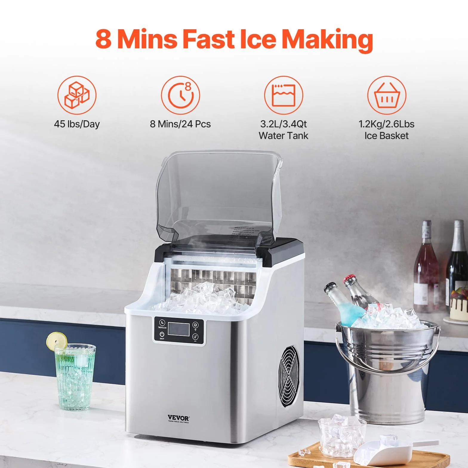 VEVOR Máquina para Hacer Hielo de Encimera, 20 kg/24 h, con Pala y Canasta para Hielo, con 3 Tamaños de Cubitos de Hielo para el Hogar, la Cocina, la Oficina y las Fiestas, 255 x 355 x 385 mm