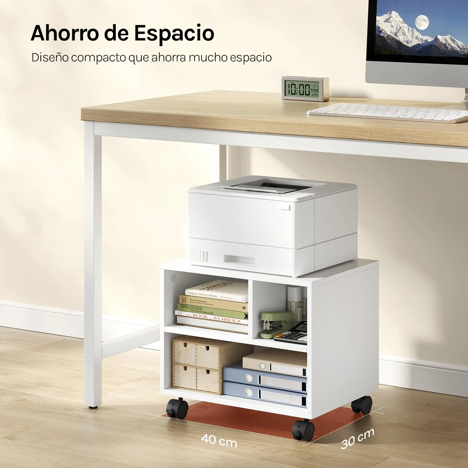 WOLTU Mesa para Impresora con Ruedas, Soporte de Impresora, Estantería Móvil, 3 Compartimentos, 40x30x35 cm, Blanco