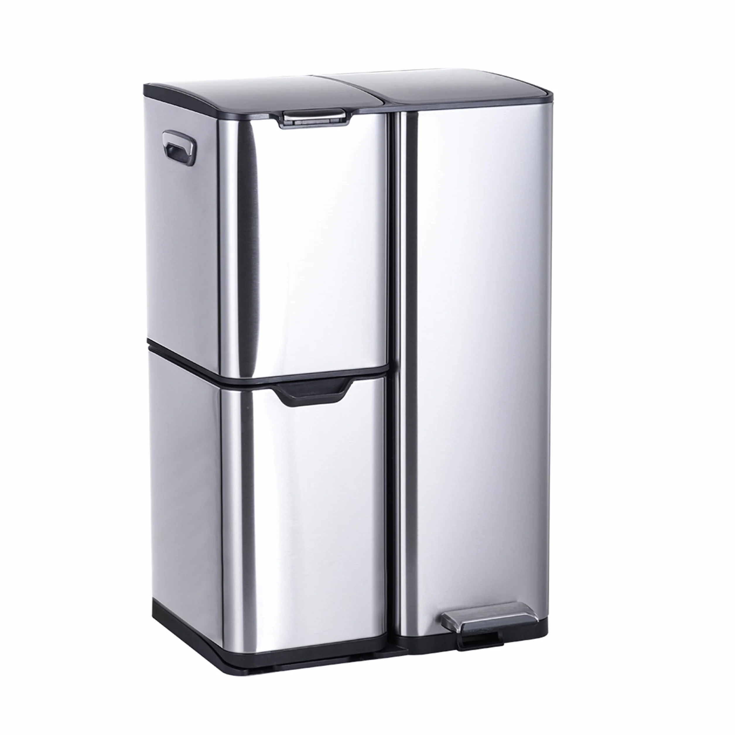 Cubo de Basura Relaxdays, 3 Compartimentos, 60 l, Cubos extraíbles, Cierre Suave, Pedal, Acero Inoxidable, Plateado