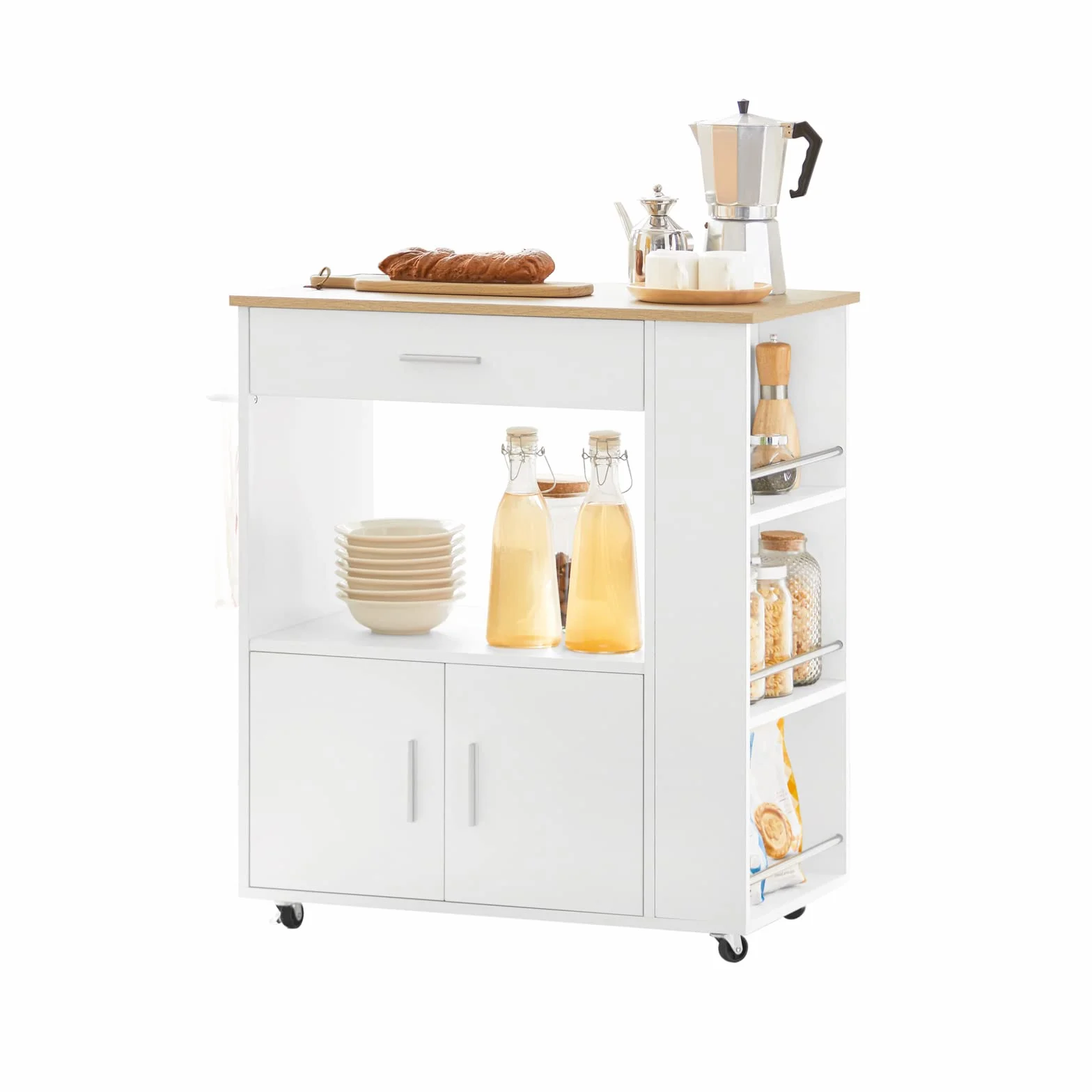 SoBuy Carrito Auxiliar con Ruedas Mueble Auxiliar de Cocina Carro Cocina con Estantes Laterales Cajón Puertas y Toallero Mesa Auxiliar Cocina Blanco 82x46x88 cm FKW113-WN