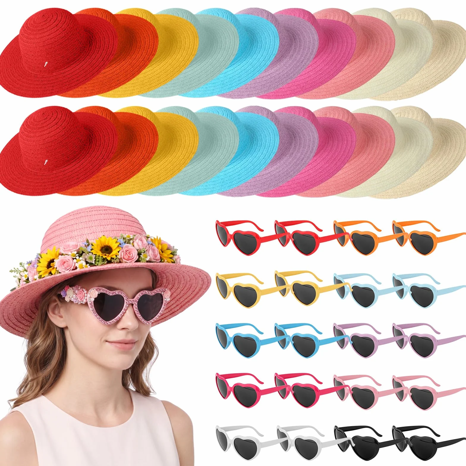 Unittype Juego de 40 sombreros de paja coloridos y lentes de sol de corazón, sombreros unisex a granel para manualidades, cumpleaños, té, fiestas, bodas, verano, playa, piscina, decoraciones