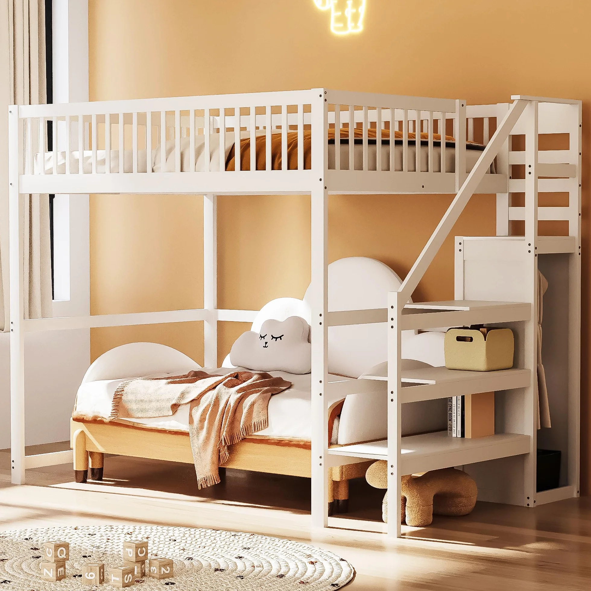 Azkoeesy Cama Alta Juvenil 140x200 cm en Madera de Pino Blanca, Escala Integrada Ahorra Espacio, Armario, Barandilla de Seguridad y Somier, para Niños y Adolescentes