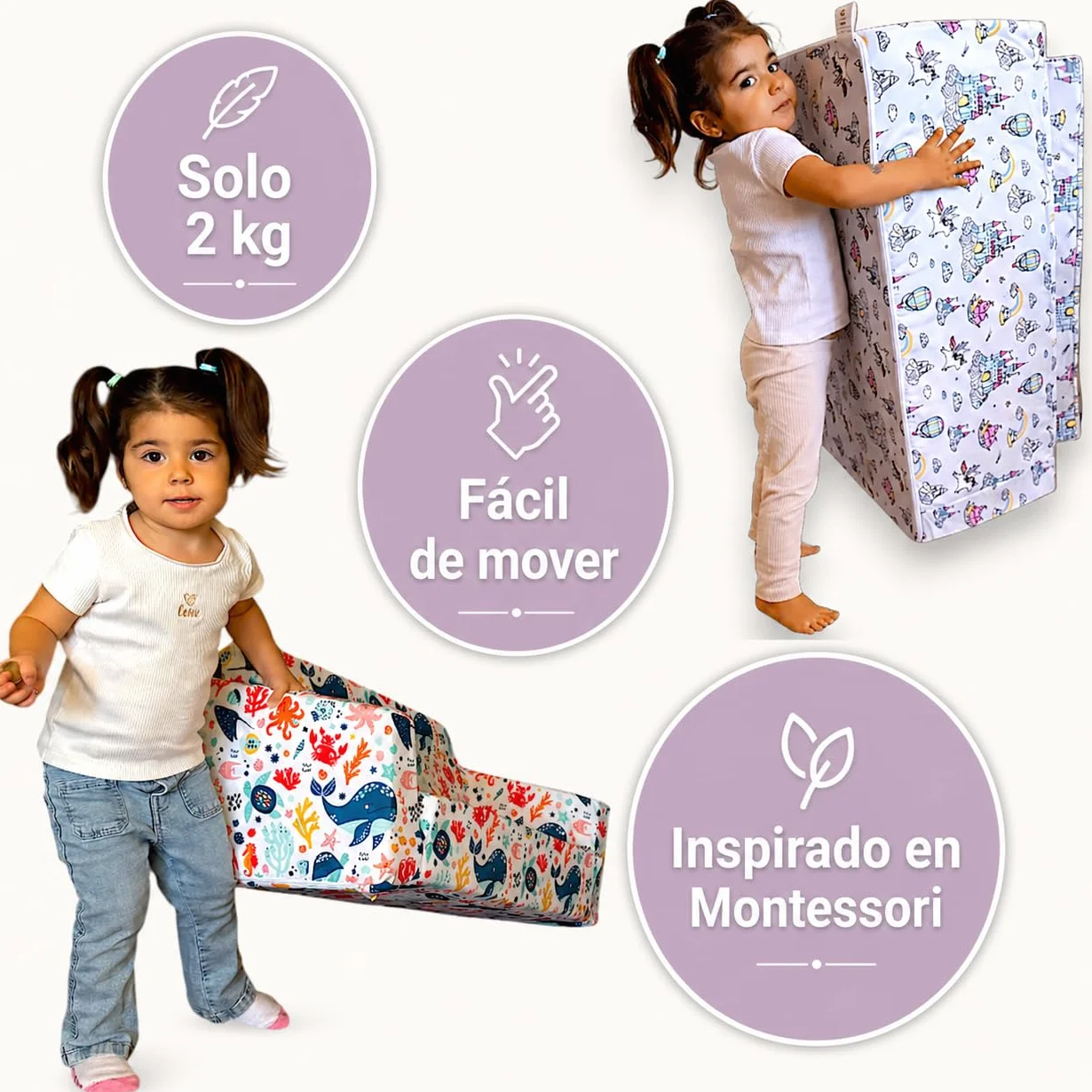 Sofá infantil plegable 2 en 1 de espuma alta densidad (25 kg/m³) - Sillón infantil ligero 2 kg, desenfundable, seguro, OEKO-TEX, Montessori desde 9 meses, no comprimido al vacío. (UNICORNIOS)