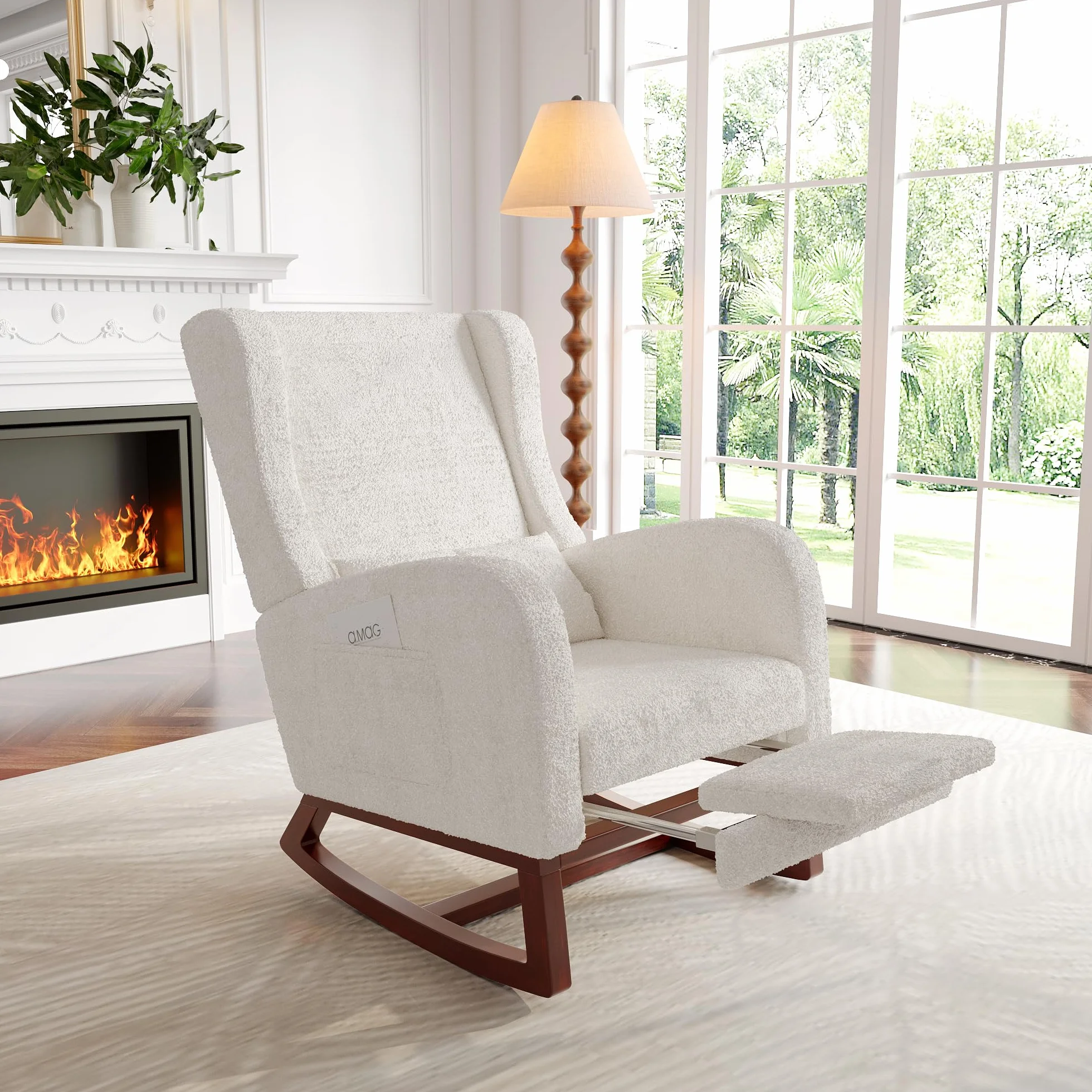 Silla Mecedora Escandinava, Sillón de Lactancia, Silla de Ocio y Descanso de Tela con Patas de Madera y Metal para Salón, Dormitorio (Beige-A - Con Descanso - Patas)