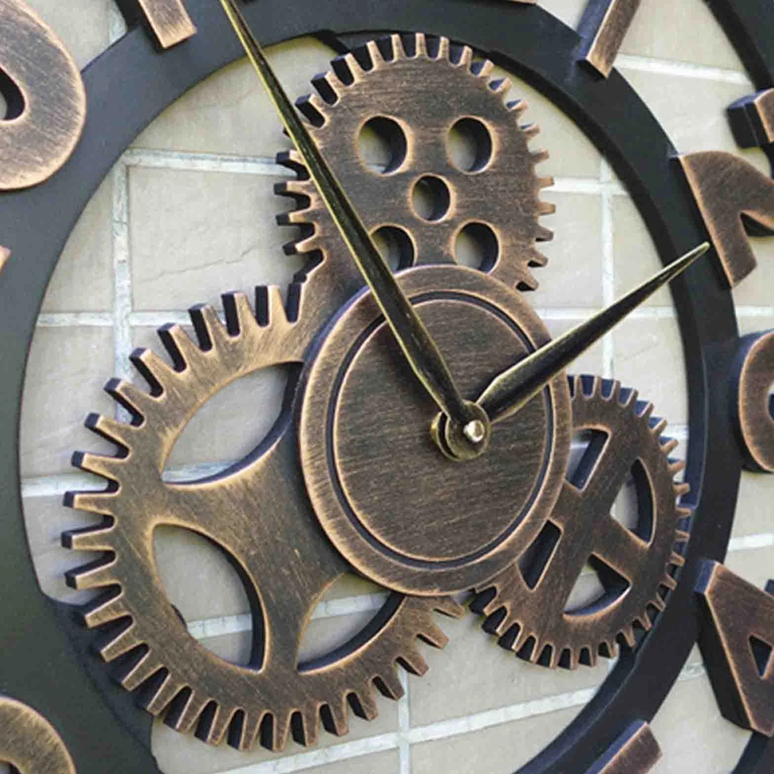 Reloj de pared, reloj para exteriores, reloj de jardín, reloj de pared extragrande, decorativo de hierro forjado, cuarzo silencioso, engranajes industriales, negro, números de metal rústico, estilo