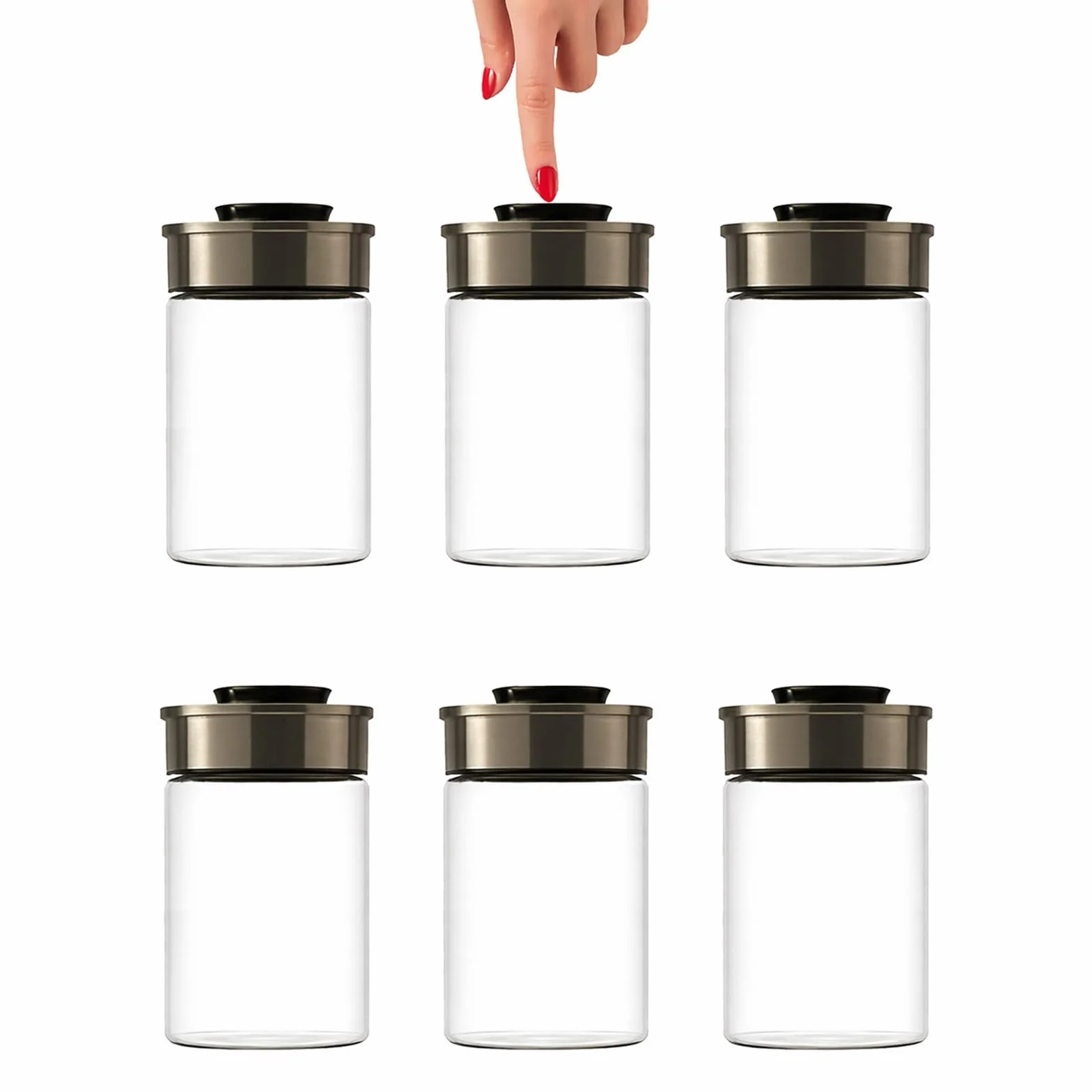 BURI Juego de 6 tarros de vidrio al vacío de 1300ml | Tarros de almacenamiento de vidrio con tapa de acero inoxidable y mecanismo de clic al vacío | Hermético a las polillas, apilable, apto para