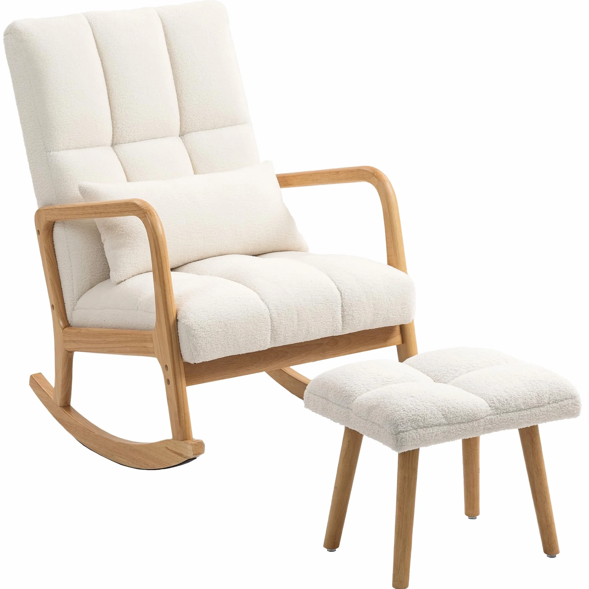HOMCOM Silla Mecedora con Reposapiés, Sillón de Relax Tapizado en Bouclé con Cojín Acolchado, Respaldo Ergonómico, Reposabrazos y Patas de Madera, Carga 120 kg, para Salón, Dormitorio, Blanco