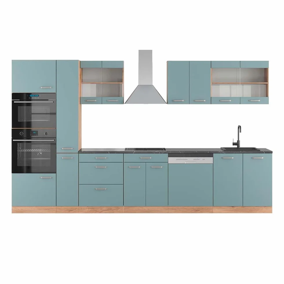 Vicco Cocina R-Line, Roble Azul-Gris-Dorado, 350 cm con Armario Alto, ET Antracita, Apto para ampliación Individual y disposición Flexible
