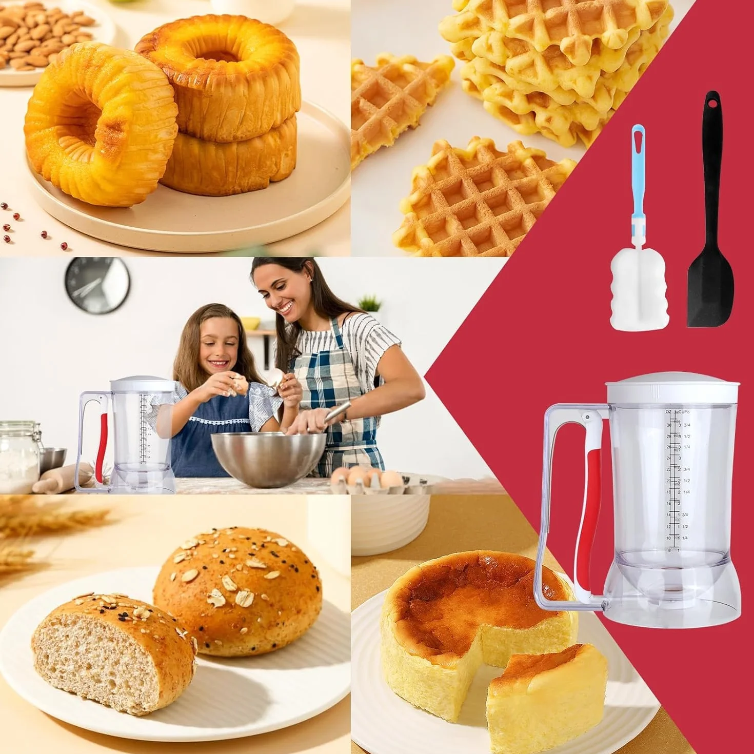 Dispensador de Masa 900ML Transparente con Escala para Muffins, Panqueques, Gofres