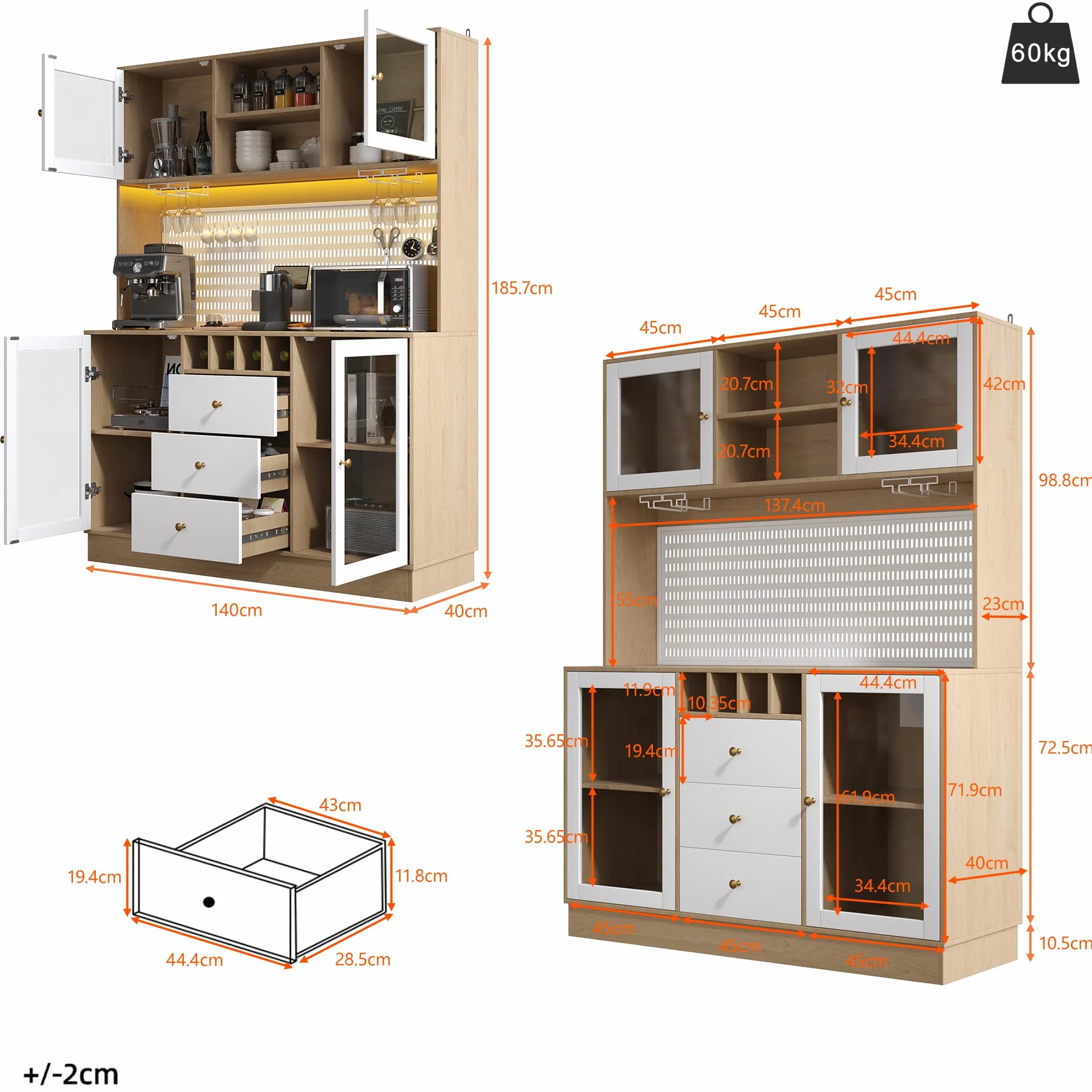 Alacena de Cocina Aparador Alto Moderno con LED y Placa Perforada, Armario Cocina con Botellero, Mueble Auxiliar Aparadores, 3 Cajones y 4 Puertas, Dispositivo Antivuelco, 140x40x185.7 cm,Blanco