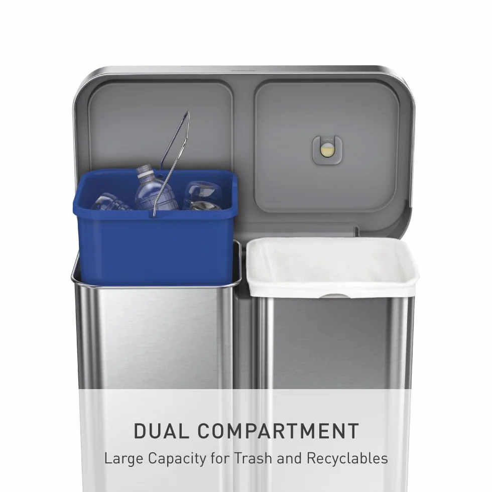 simplehuman CW2209 cubo doble compartimento con pedal y almacén de bolsas de basura, acero inoxidable cepillado con tapa de plástico gris, 58 L (34/24)